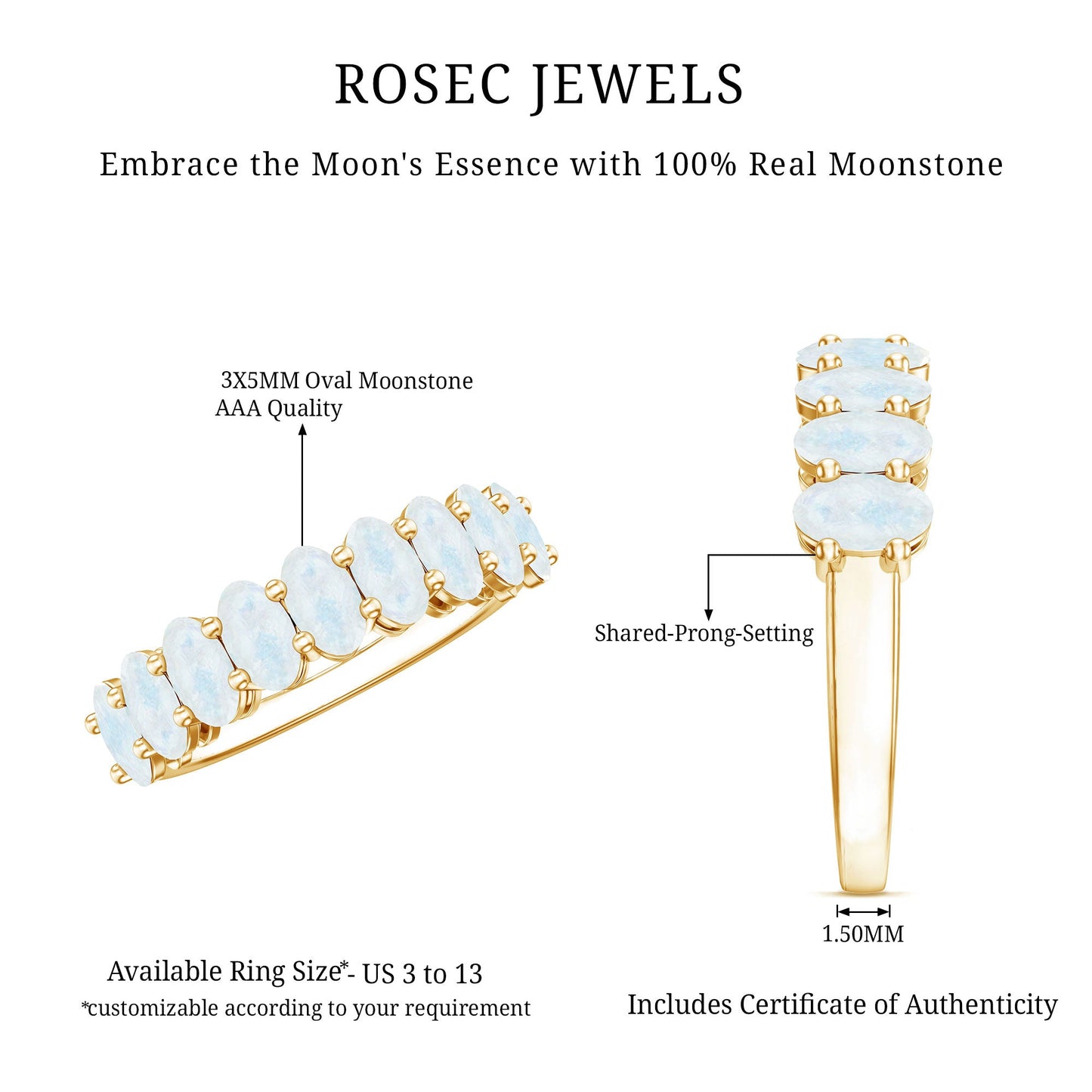 Oval Cut Moonstone Half Eternity Wedding Band Ring