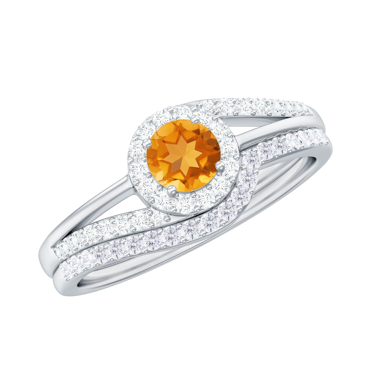 Genuine Citrine Engagement Ring with Diamond Wedding Band