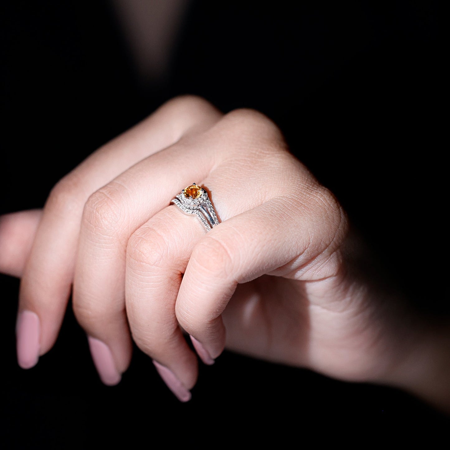 Genuine Citrine Engagement Ring with Diamond Wedding Band