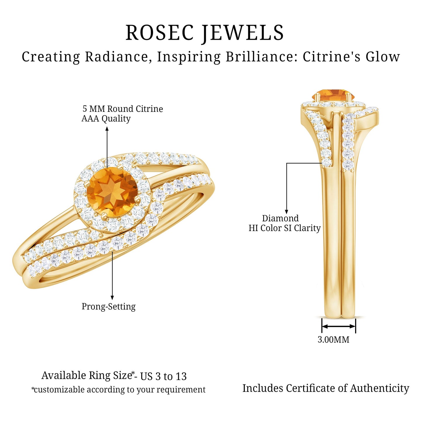 Genuine Citrine Engagement Ring with Diamond Wedding Band