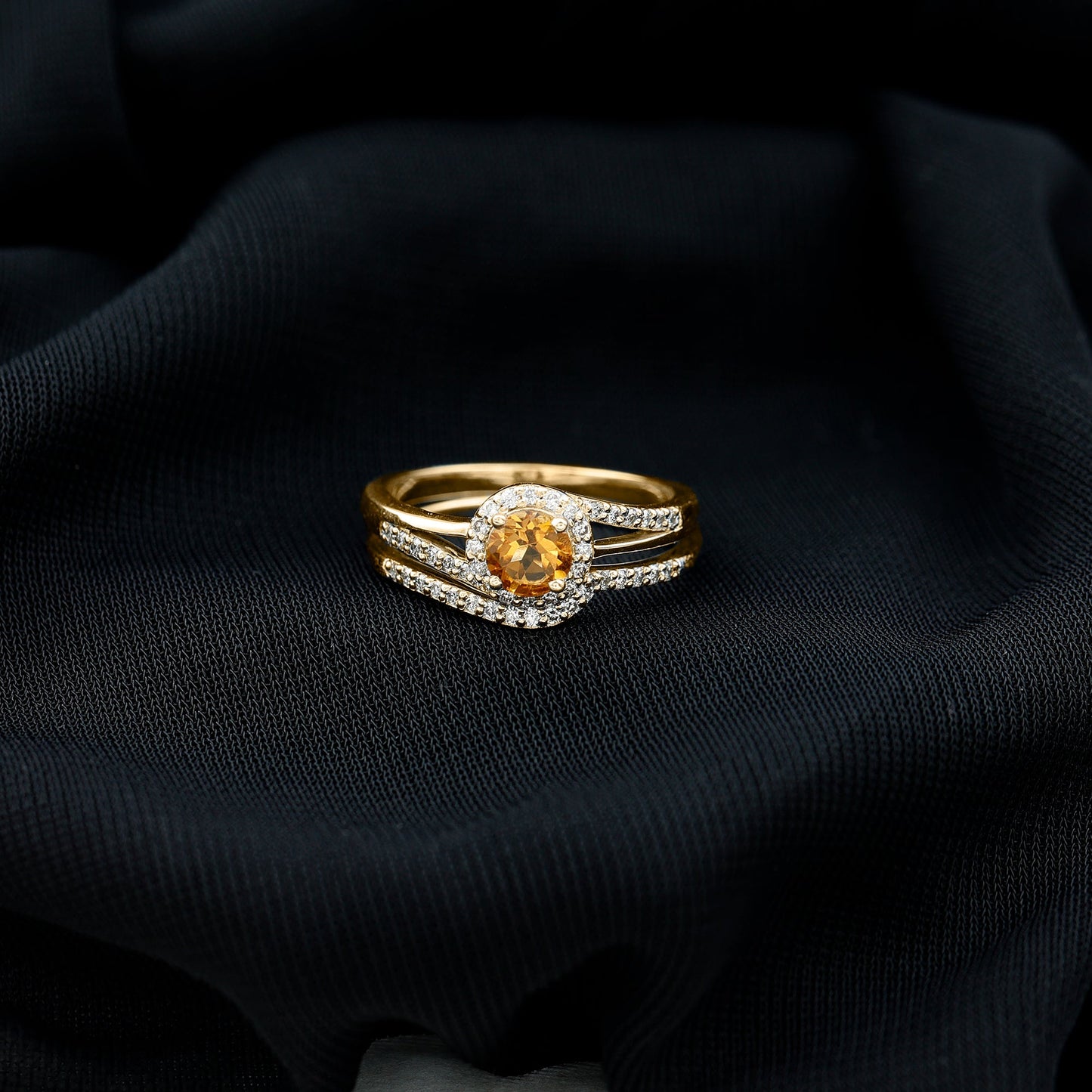 Genuine Citrine Engagement Ring with Diamond Wedding Band