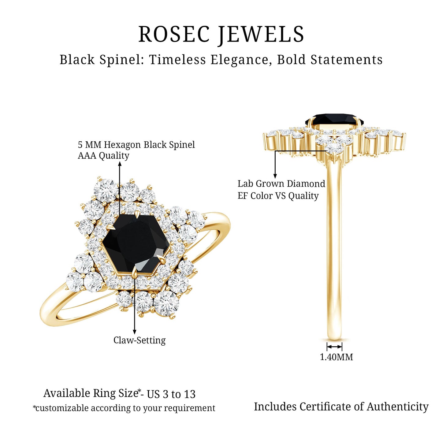 Black Spinel and Diamond Vintage Engagement Ring in Silver