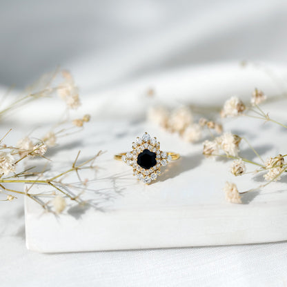 Black Spinel and Diamond Vintage Engagement Ring in Silver