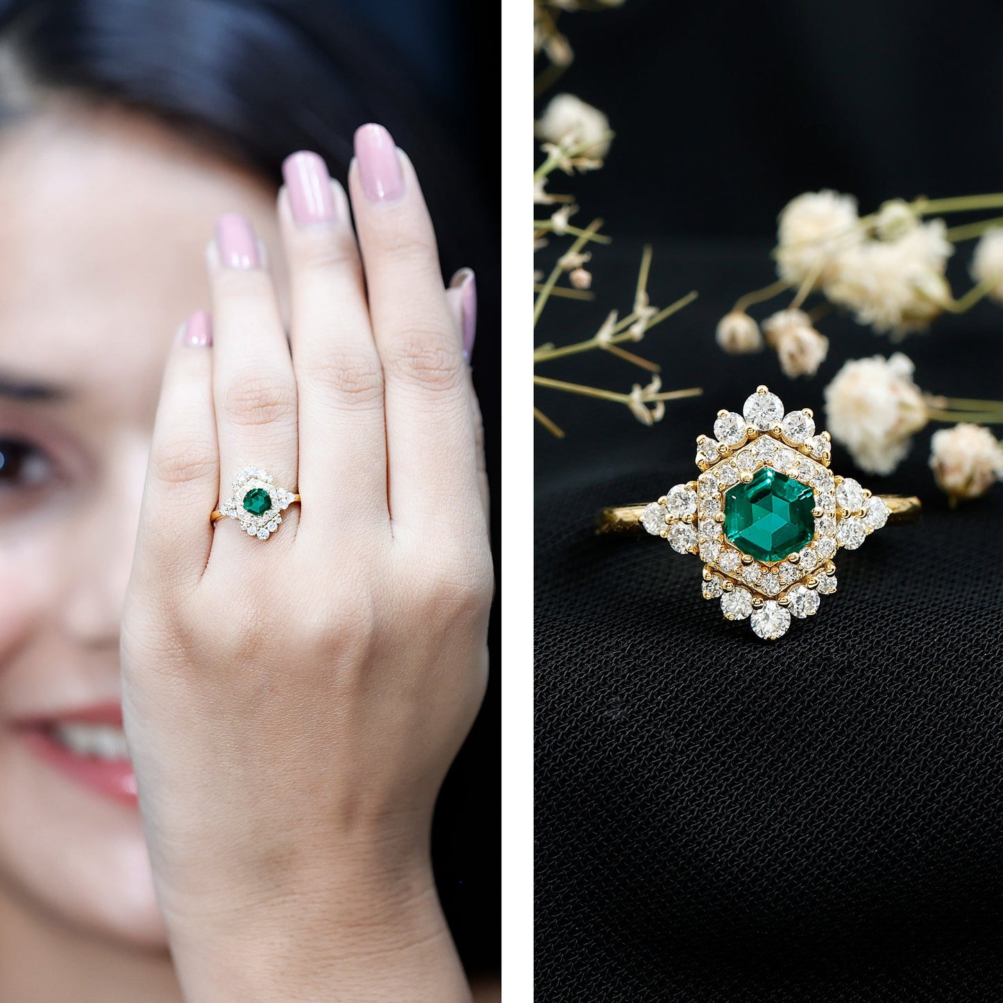 Lab Grown Emerald and Diamond Vintage Engagement Ring in Silver