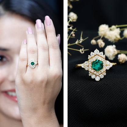 Lab Grown Emerald and Diamond Vintage Engagement Ring in Silver
