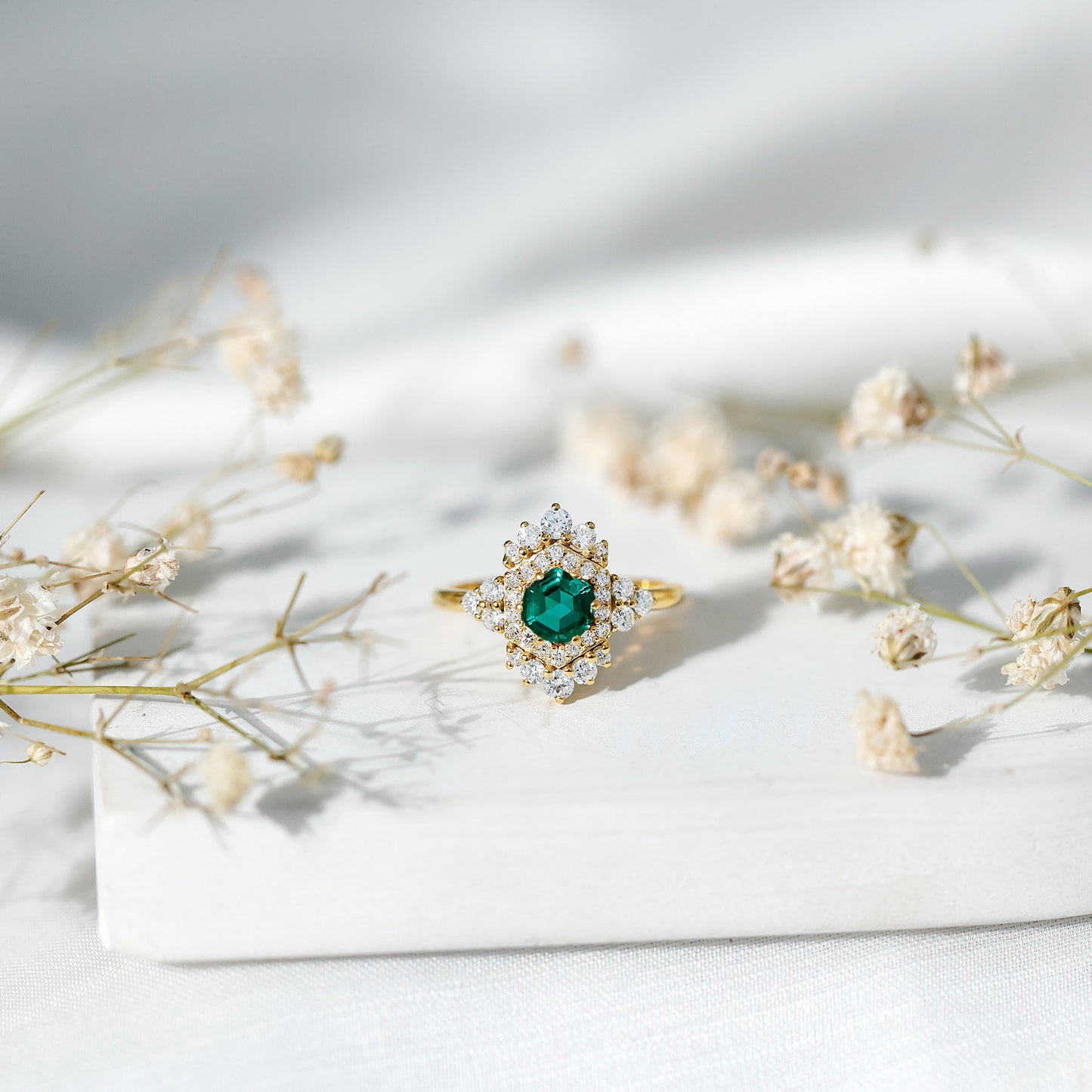 Lab Grown Emerald and Diamond Vintage Engagement Ring in Silver