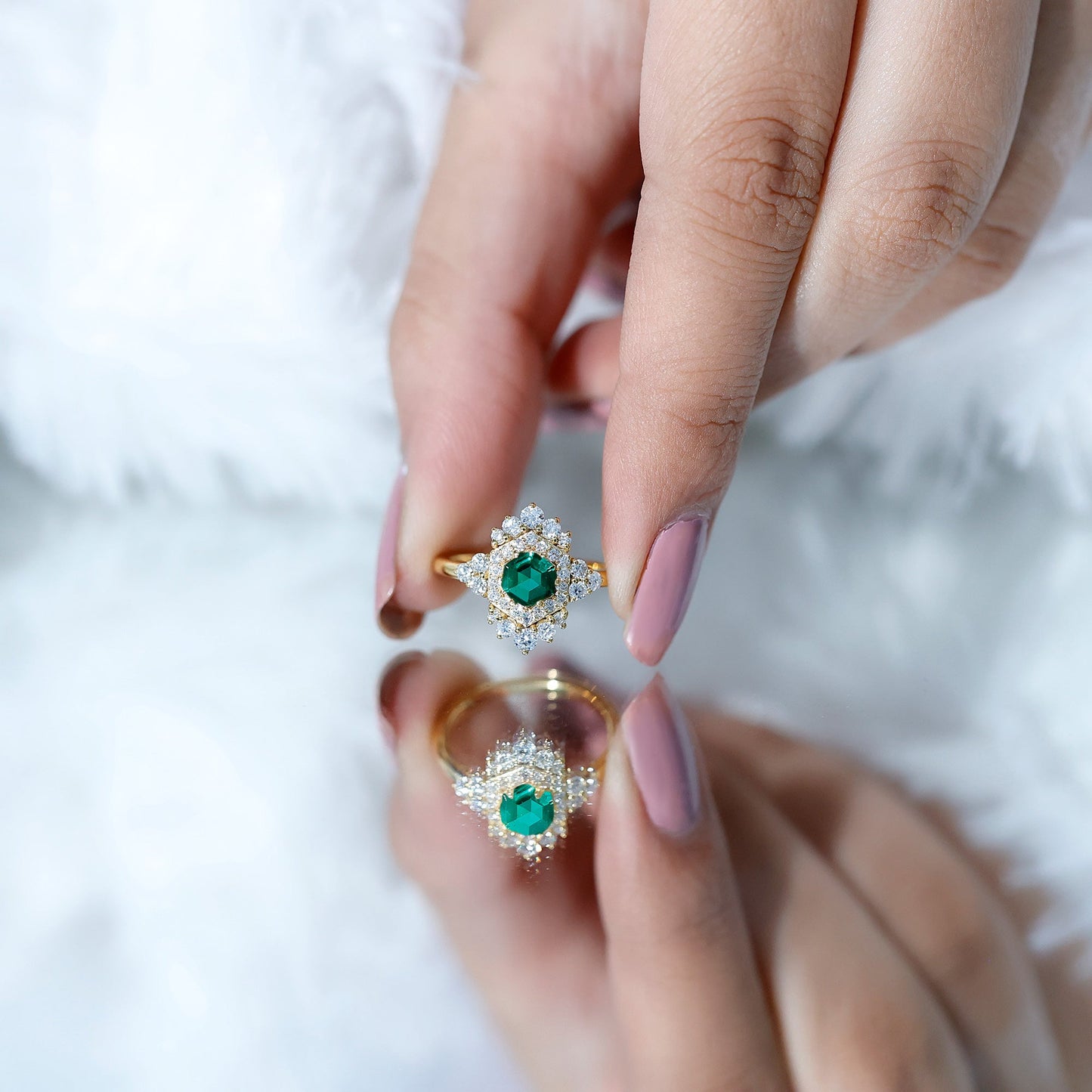 Lab Grown Emerald and Diamond Vintage Engagement Ring in Silver