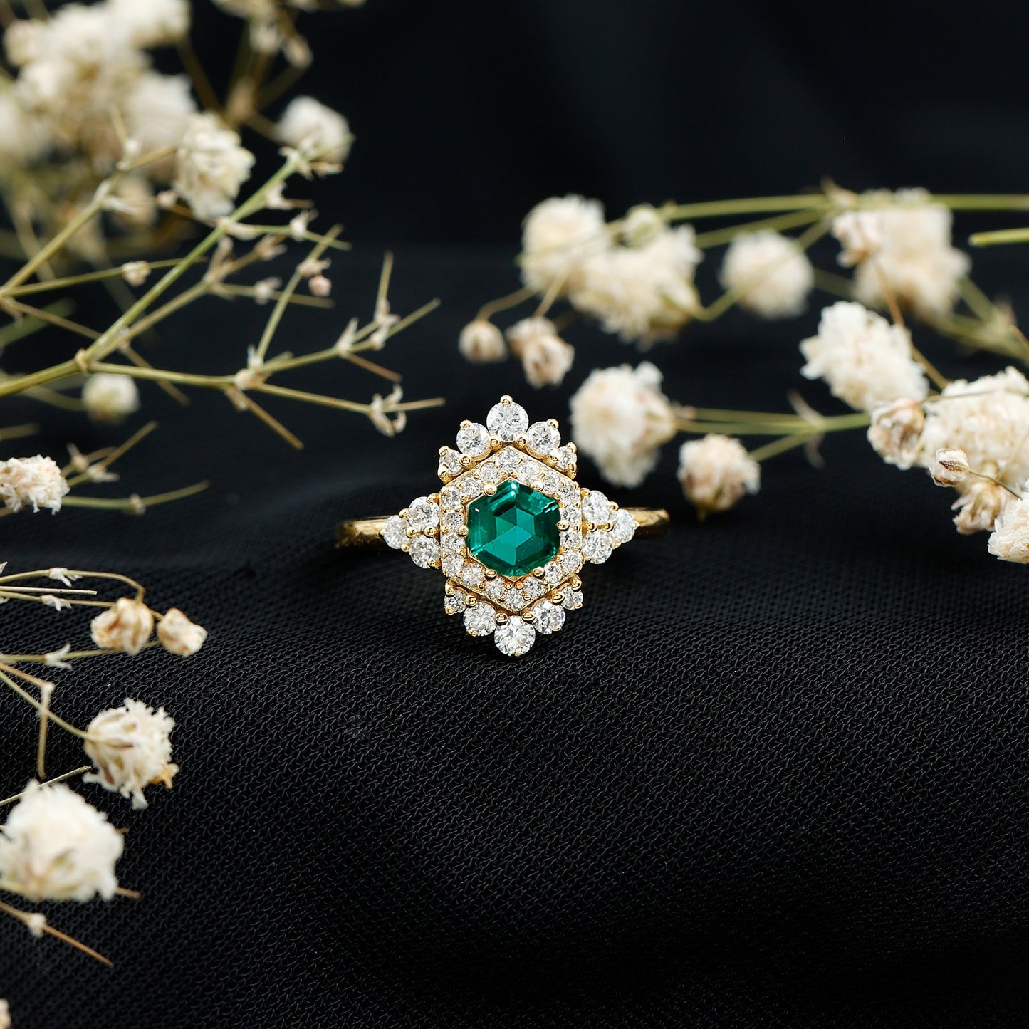 Lab Grown Emerald and Diamond Vintage Engagement Ring in Silver