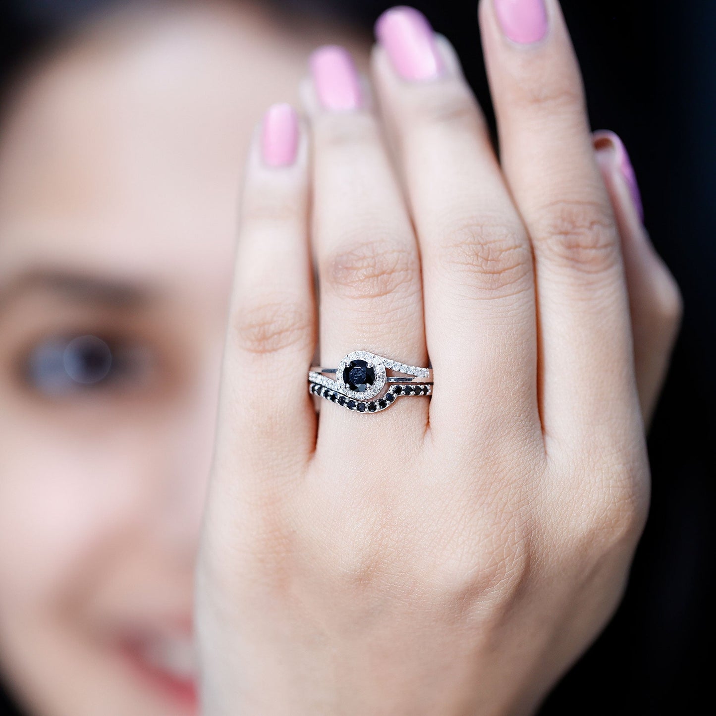 Certified Lab Grown Black and White Diamond Engagement Ring Set for Women