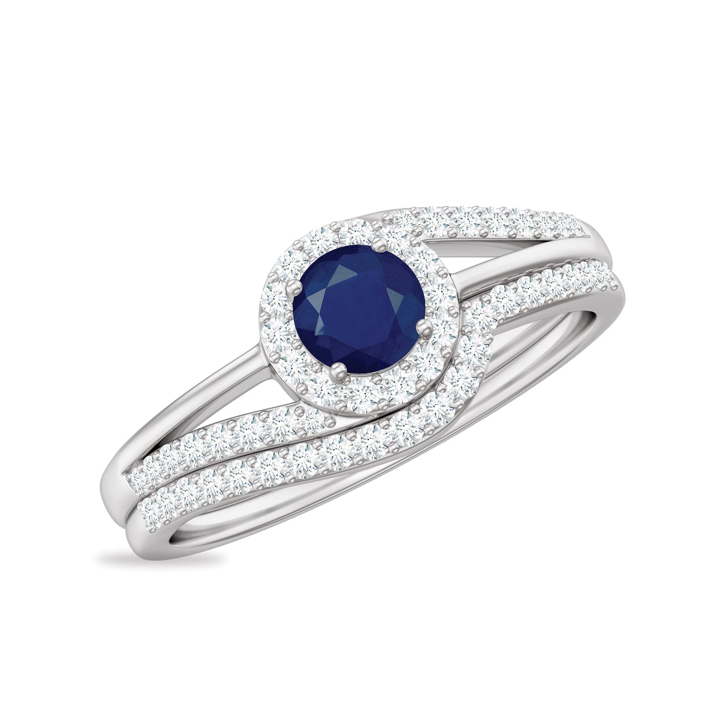 Natural Blue Sapphire Wedding Engagement Ring Set with Diamond