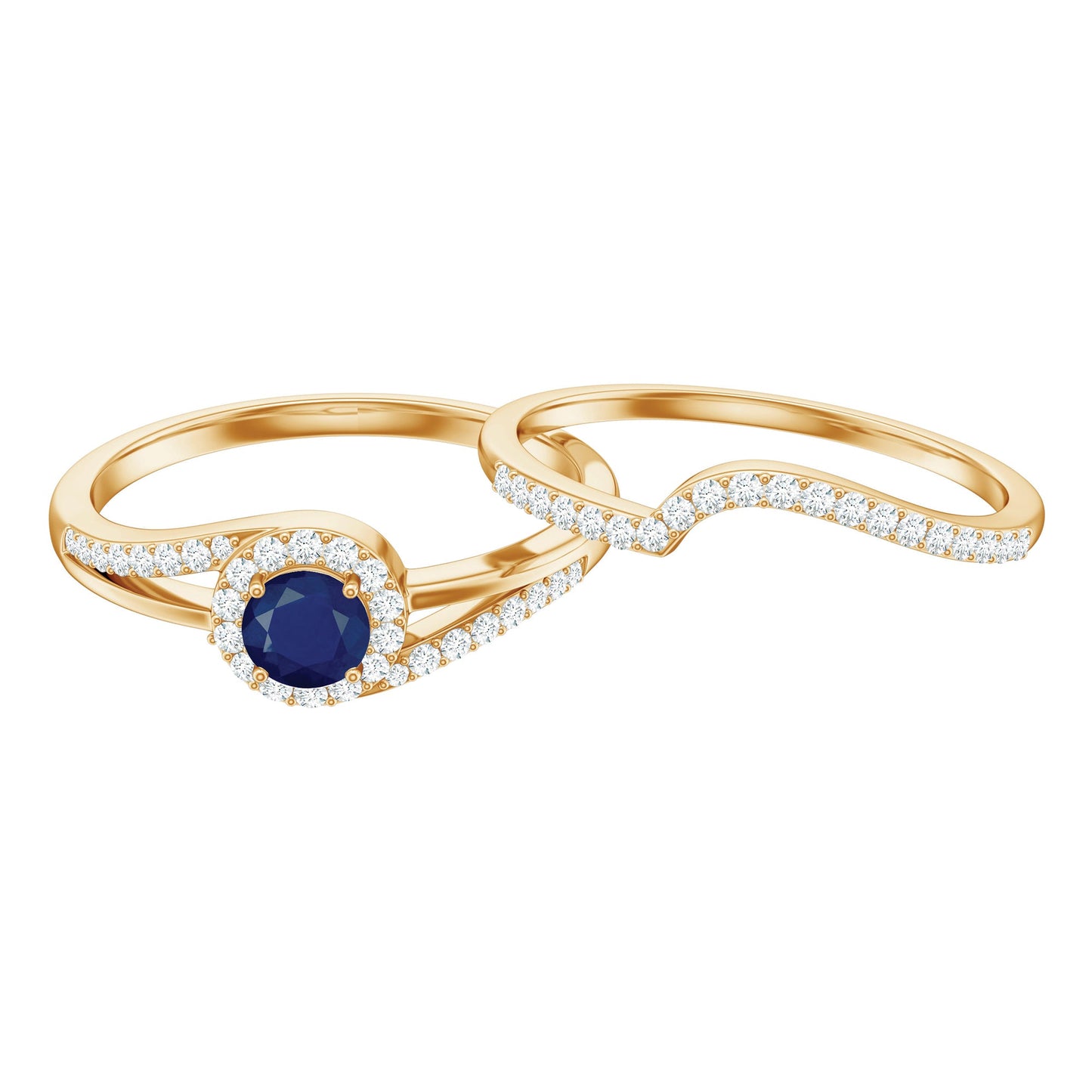 Natural Blue Sapphire Wedding Engagement Ring Set with Diamond