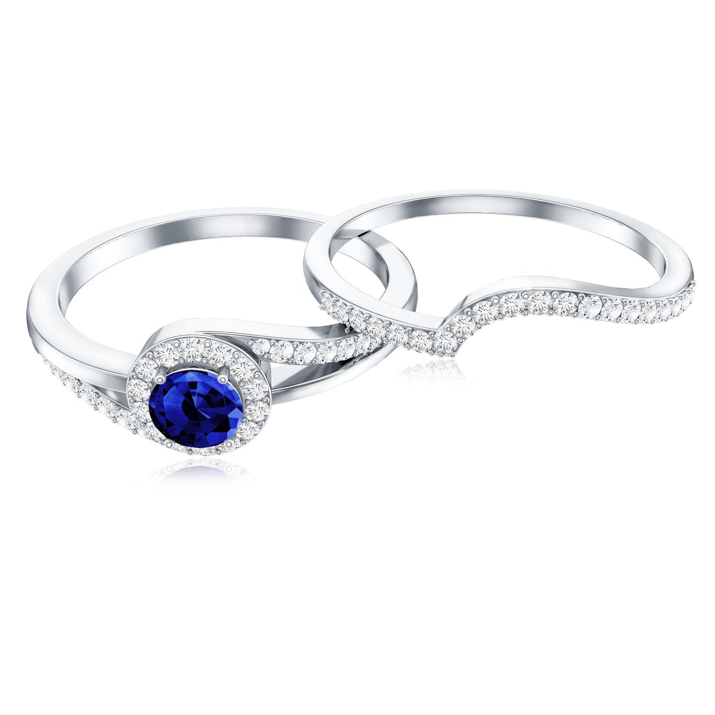 Certified Lab Grown Blue Sapphire Wedding Engagement Ring Set with Diamond
