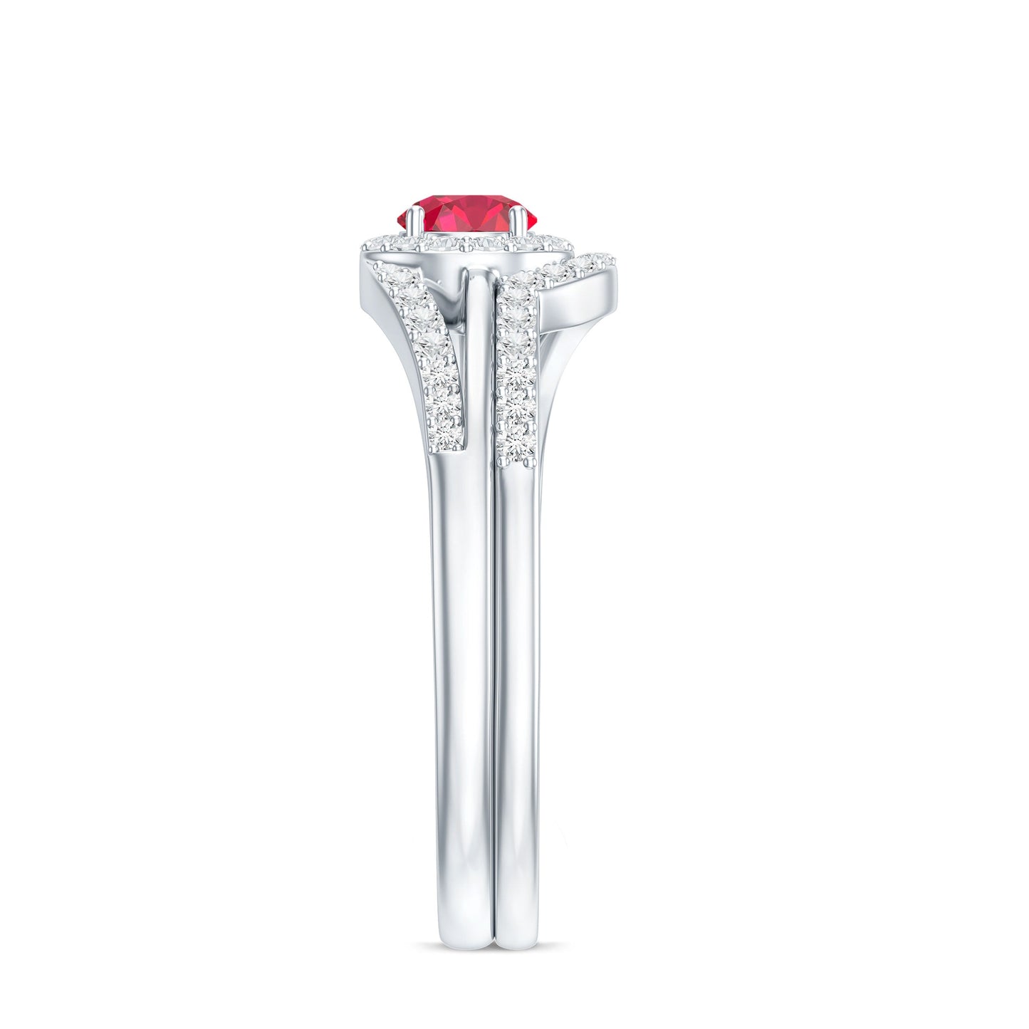Certified Lab Ruby and Diamond Halo Wedding Ring Set