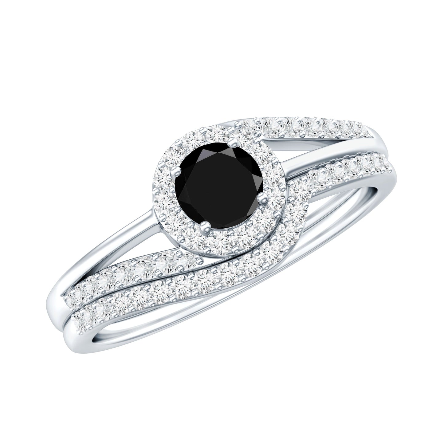 Black Onyx Minimal Wedding Rings Set with Diamond Curved Band
