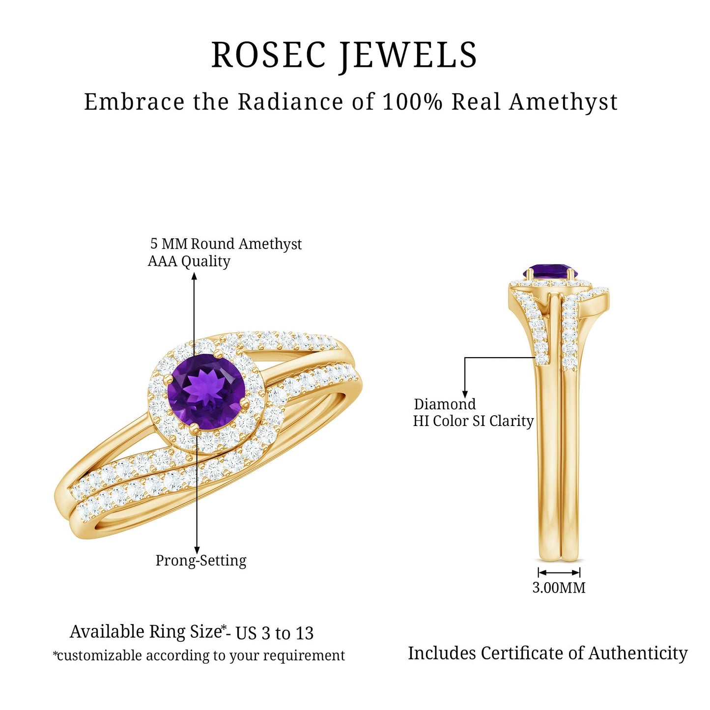 0.4 Carat Natural Amethyst Diamond Wedding Bridal Ring Set of 2