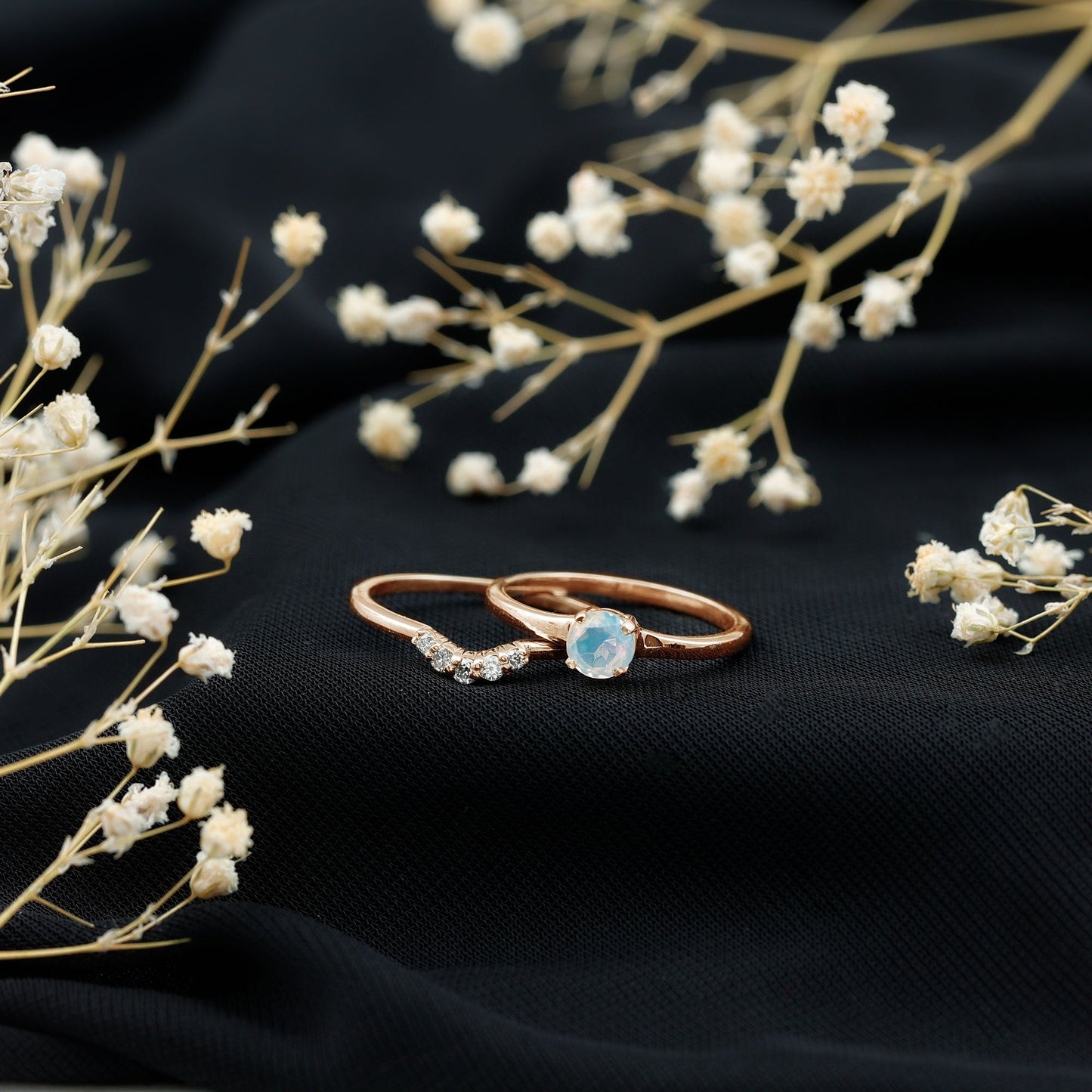 Minimal Ethiopian Opal Diamond Promise Ring Set