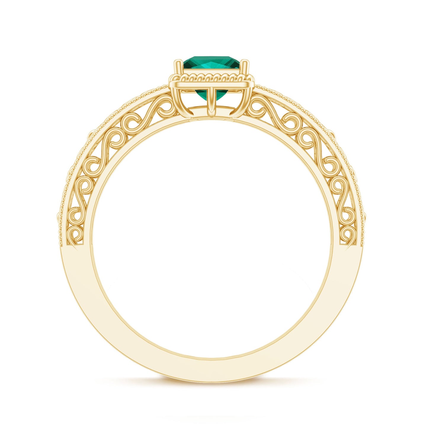 Vintage Inspired Princess Cut Lab Grown Emerald Promise Ring with Filigree Details