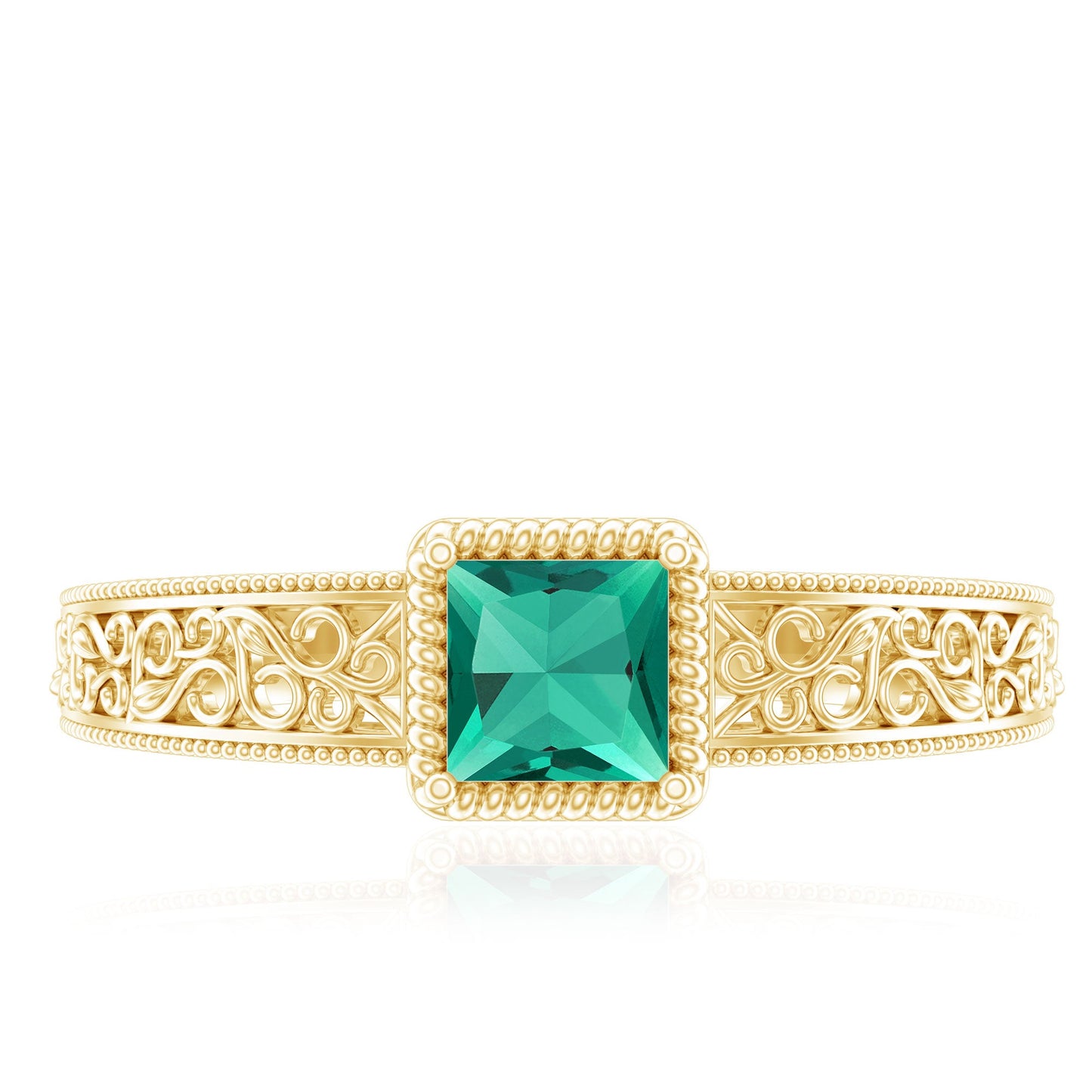 Vintage Inspired Princess Cut Lab Grown Emerald Promise Ring with Filigree Details