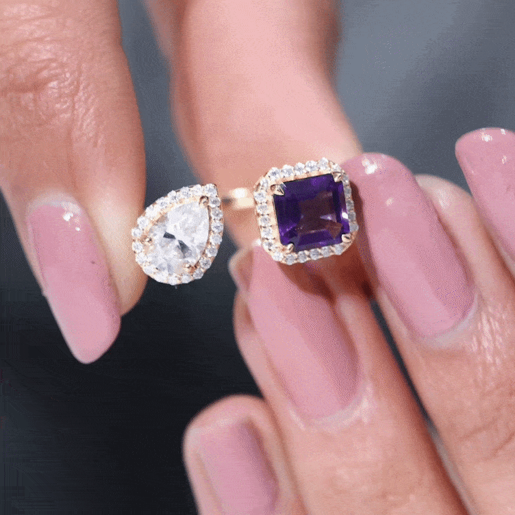 Certified Real Amethyst 2 Stone Engagement Ring with Moissanite