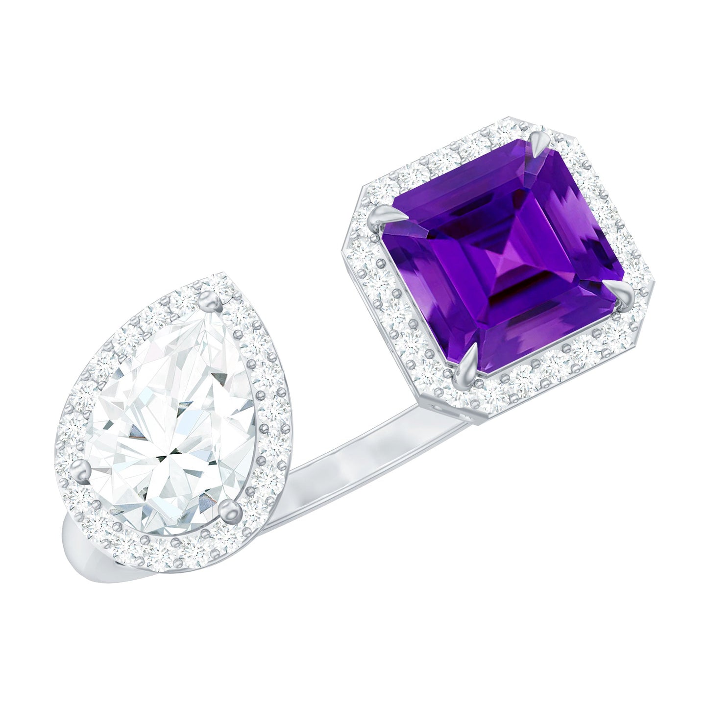 Certified Real Amethyst 2 Stone Engagement Ring with Moissanite
