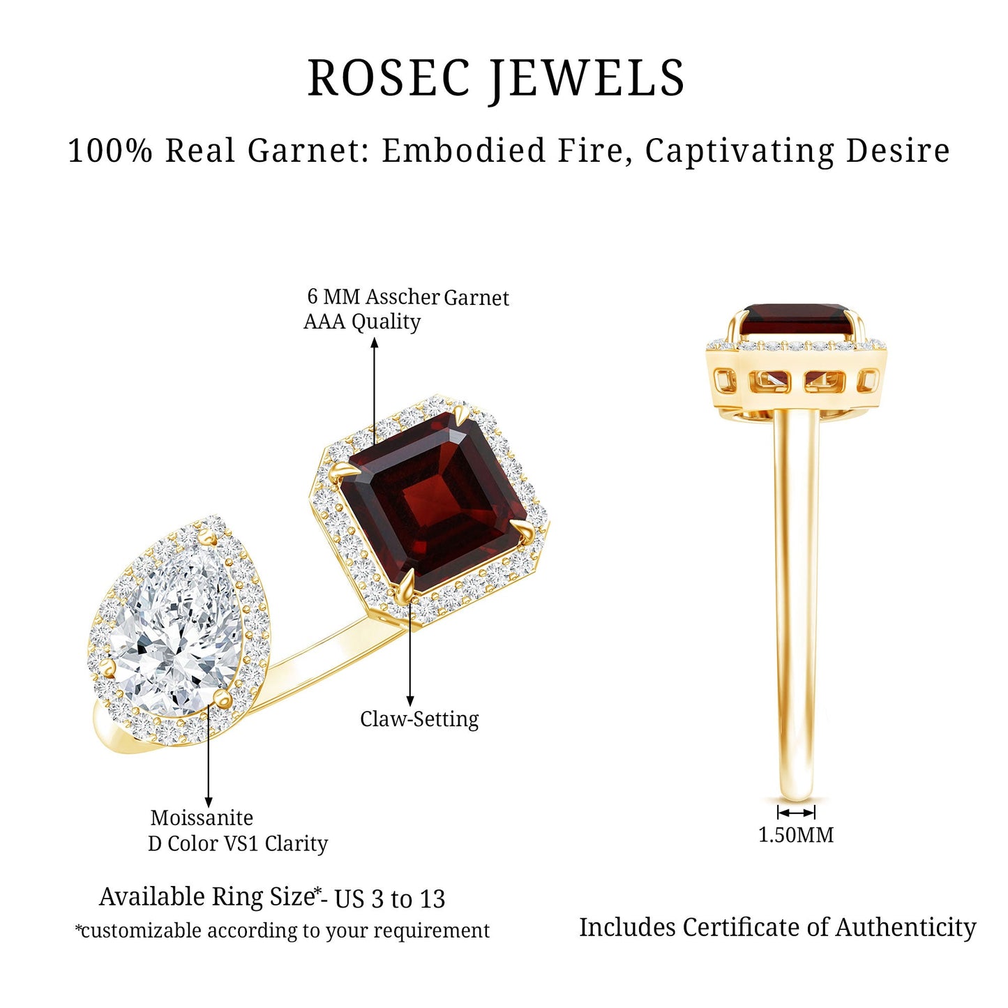 Natural Garnet Toi Et Moi Engagement Ring with Moissanite in Yellow Gold Plated Silver