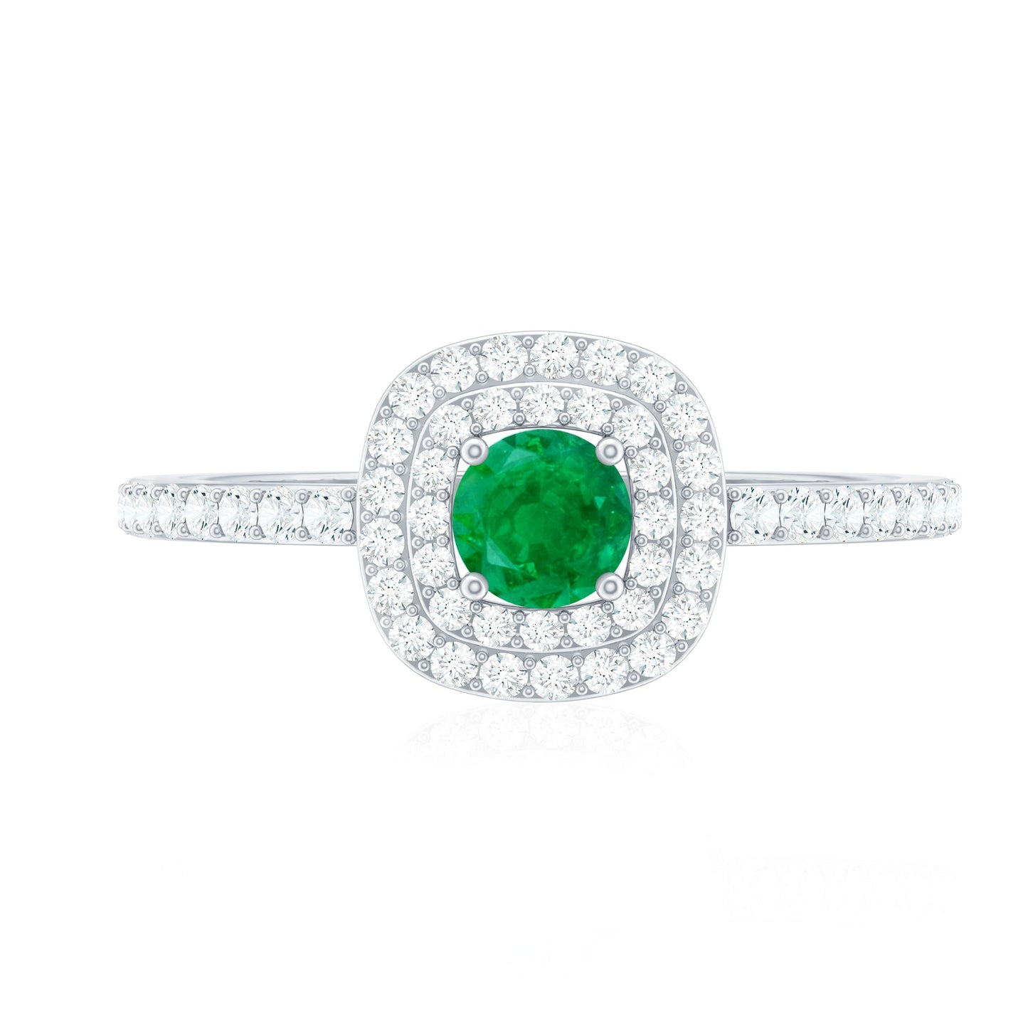 Round Emerald and Diamond Double Halo Engagement Ring