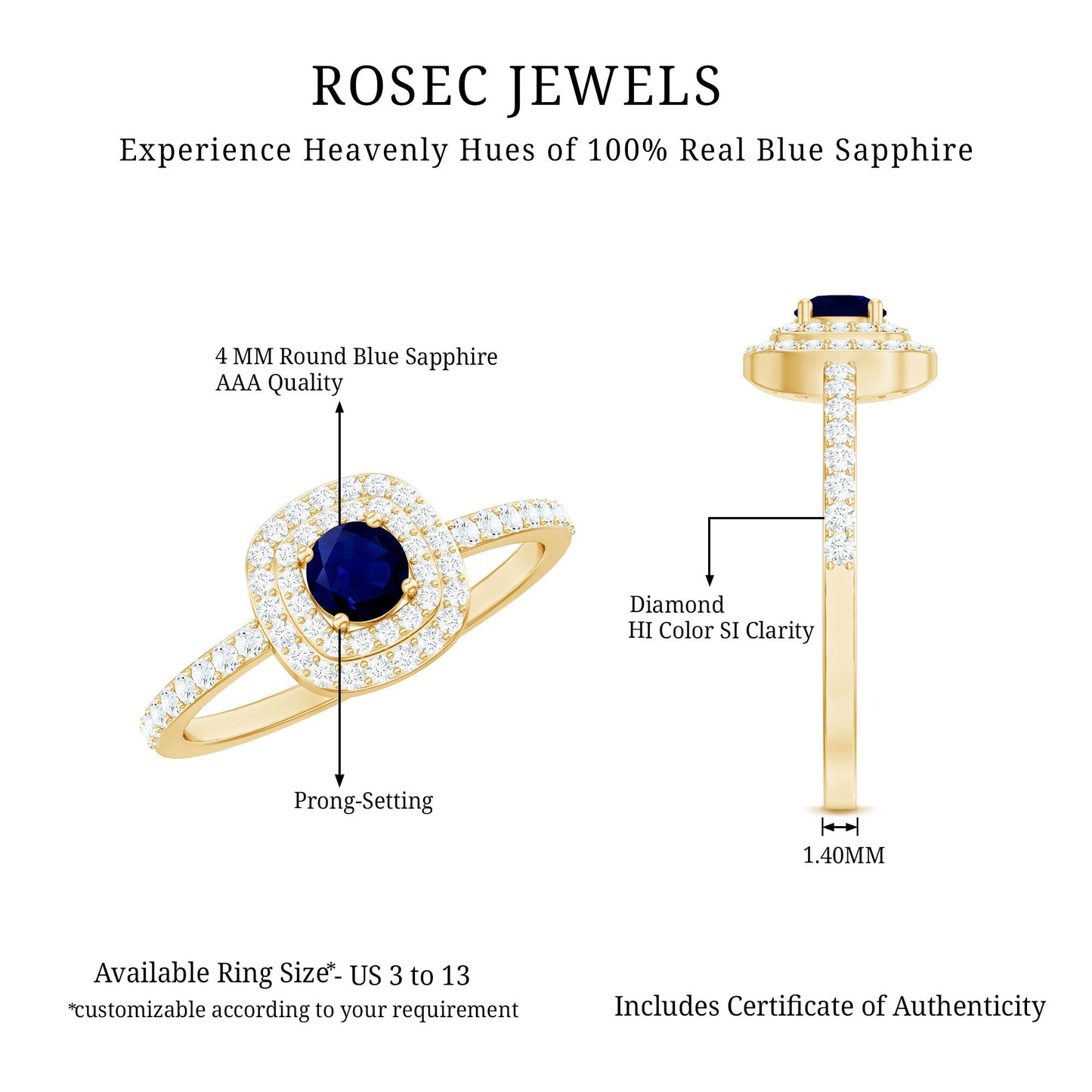0.4 Carat Classic Blue Sapphire Double Halo Engagement Ring with Diamond