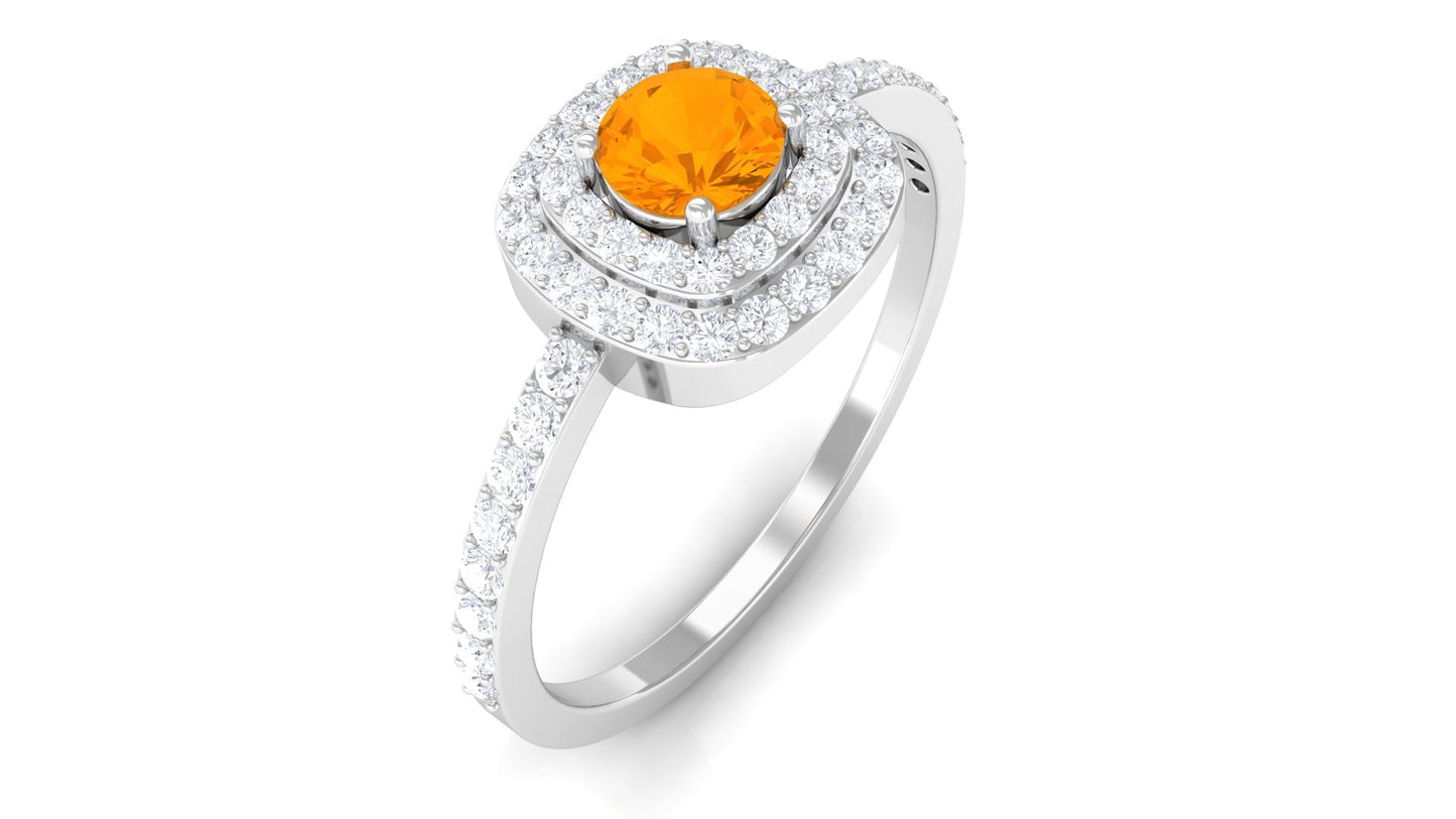 0.4 Carat Classic Fire Opal Double Halo Engagement Ring with Diamond