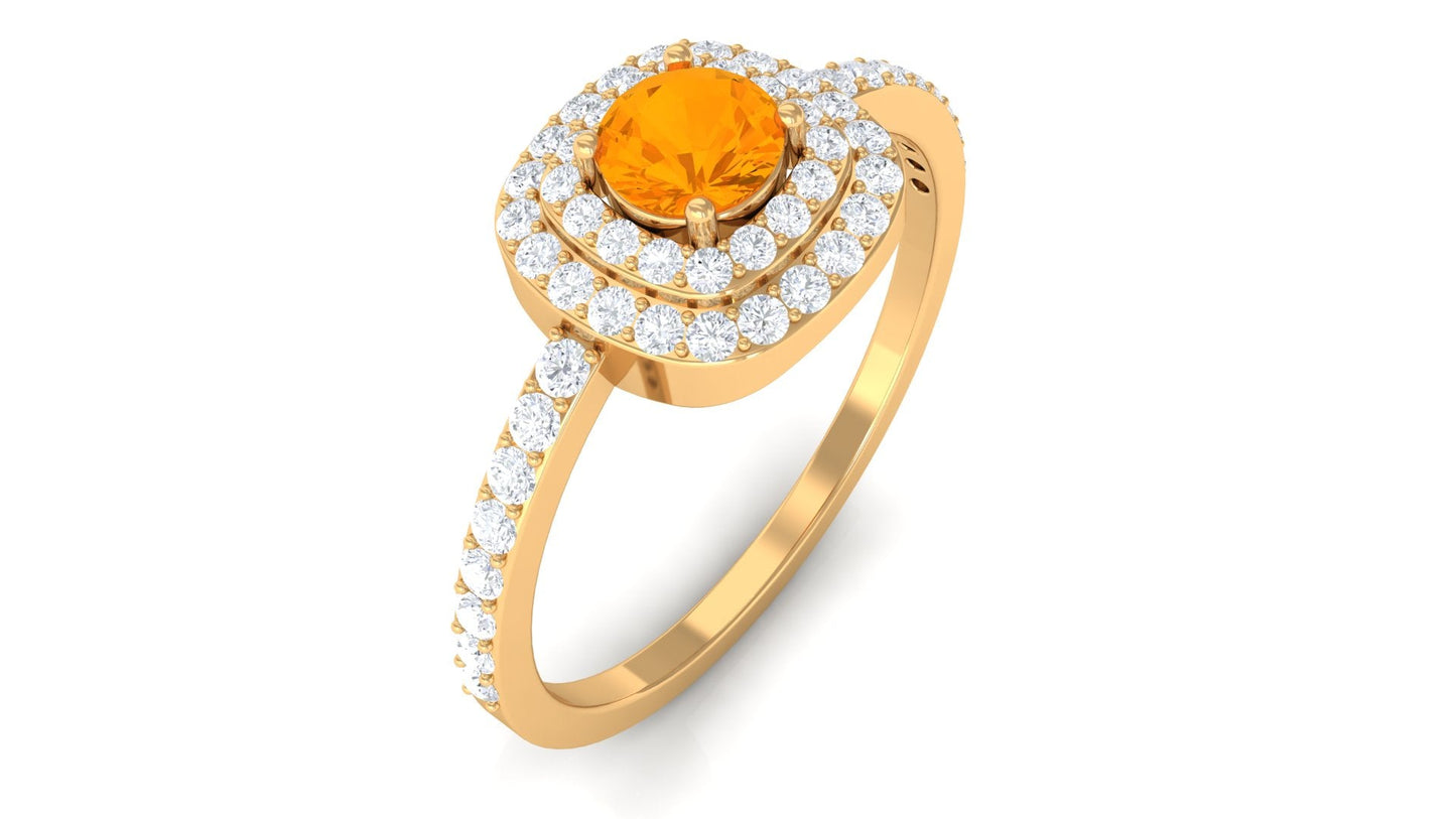 0.4 Carat Classic Fire Opal Double Halo Engagement Ring with Diamond