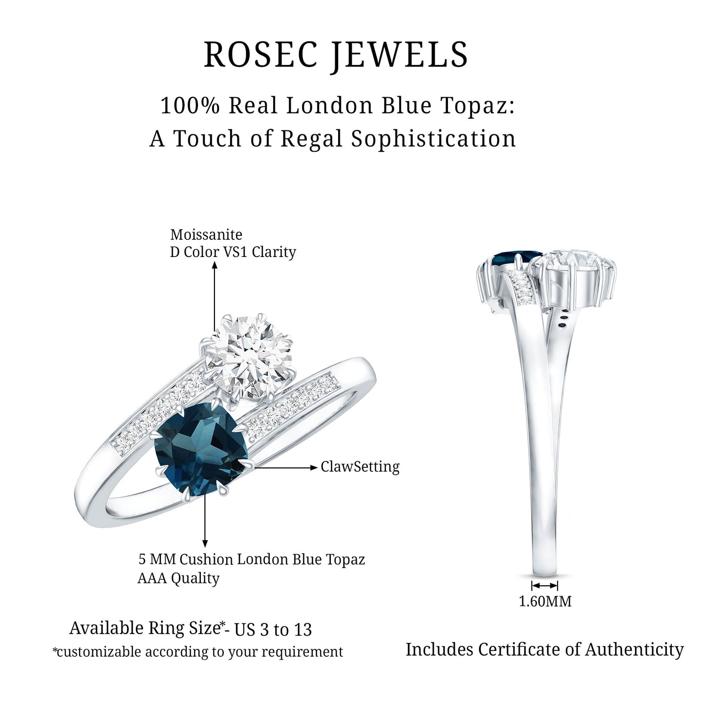 London Blue Topaz Designer Two Stone Engagement Ring in Silver