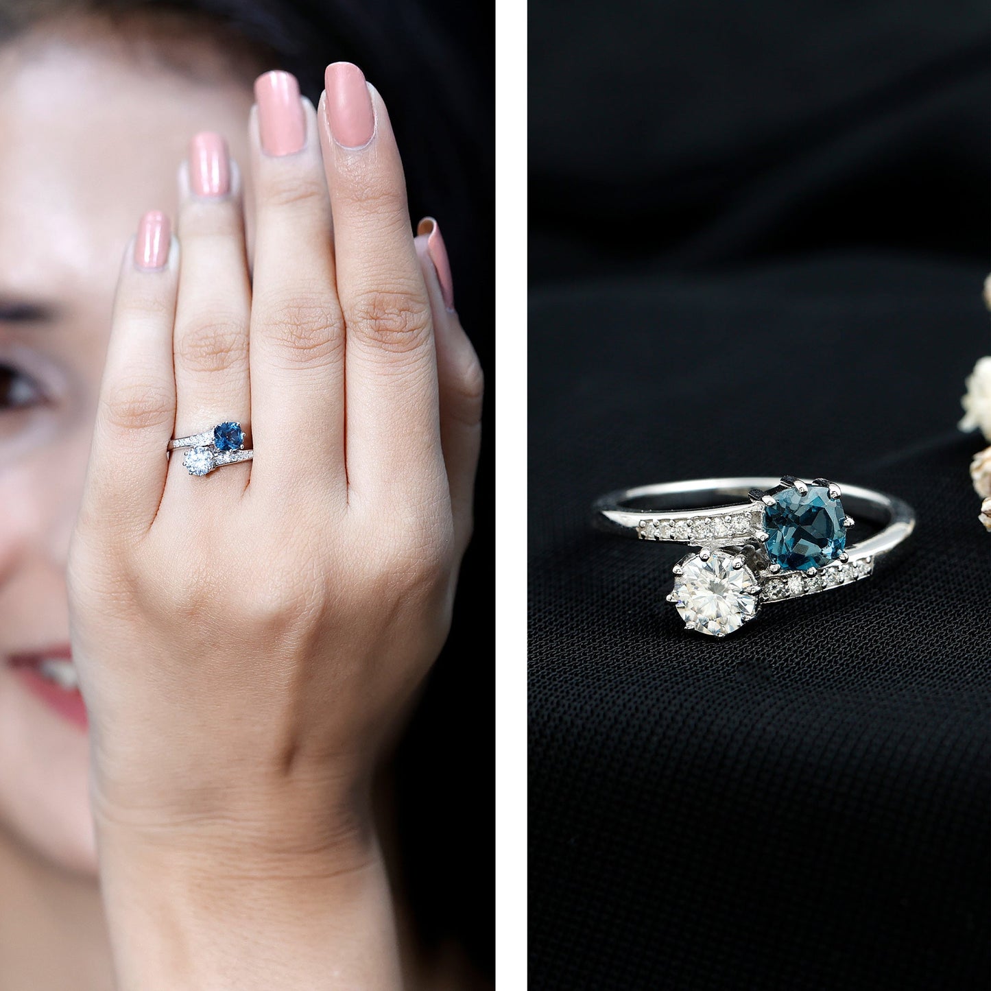 London Blue Topaz Designer Two Stone Engagement Ring in Silver