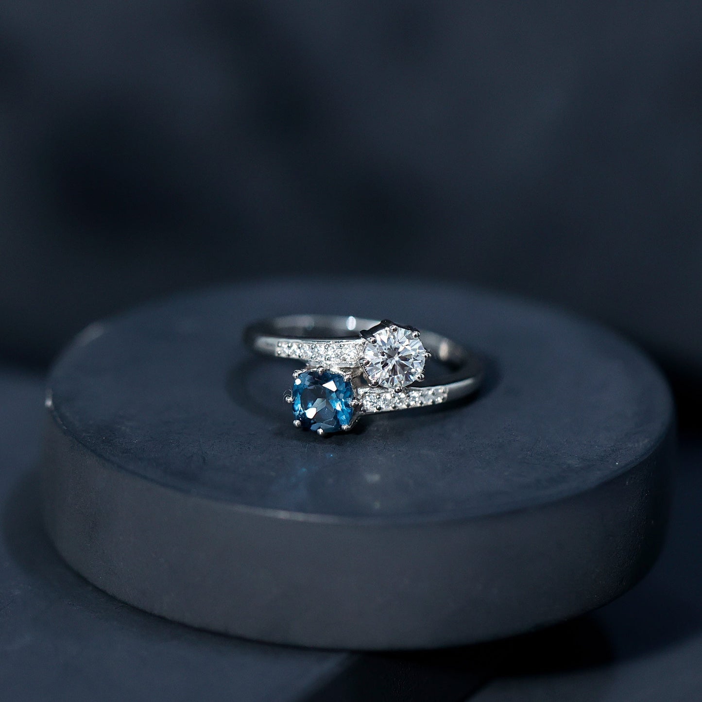 London Blue Topaz Designer Two Stone Engagement Ring in Silver