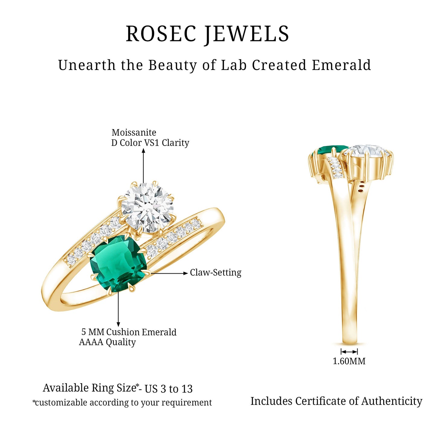 Lab Created Emerald and Moissanite Two Stone Engagement Ring in Silver