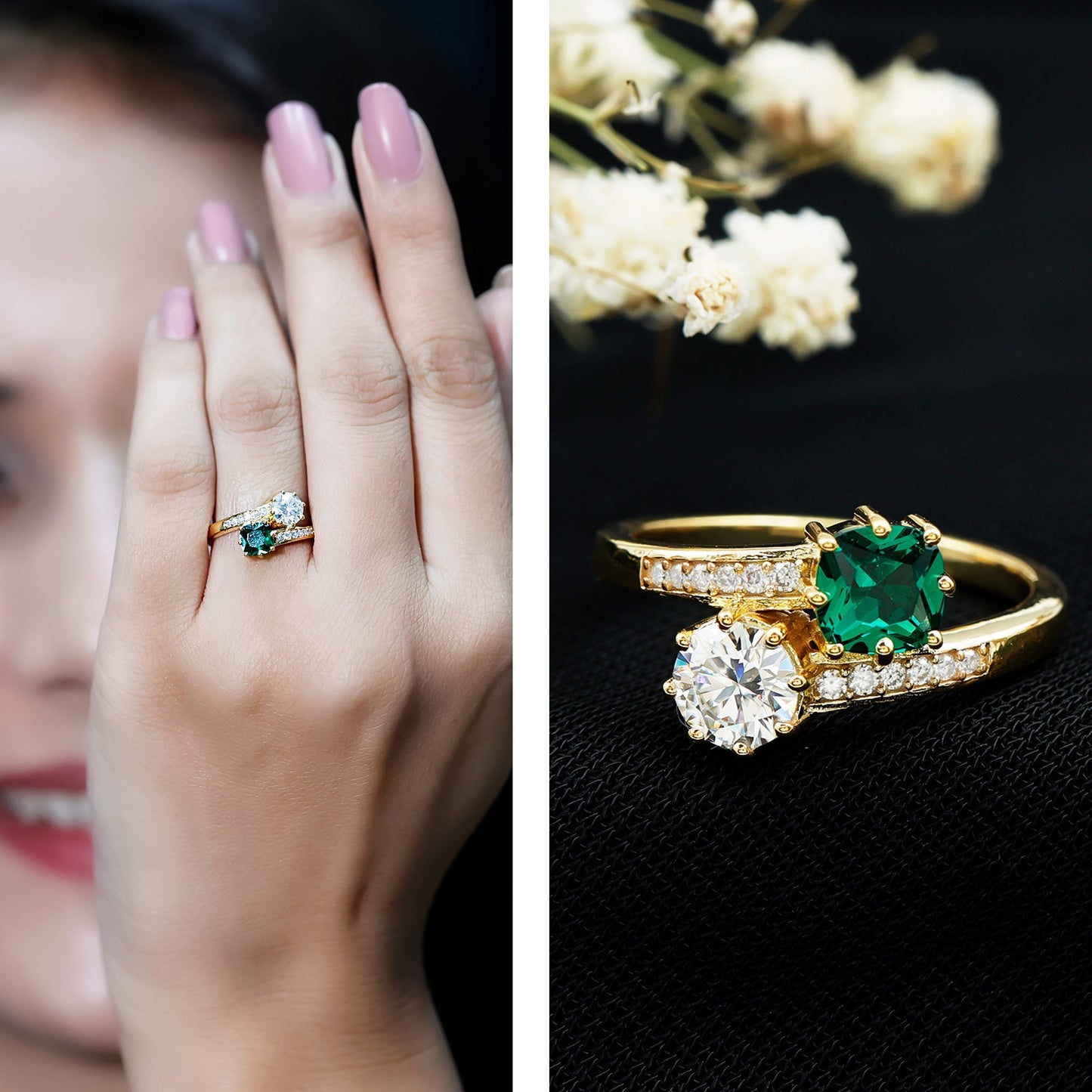 Lab Created Emerald and Moissanite Two Stone Engagement Ring in Silver