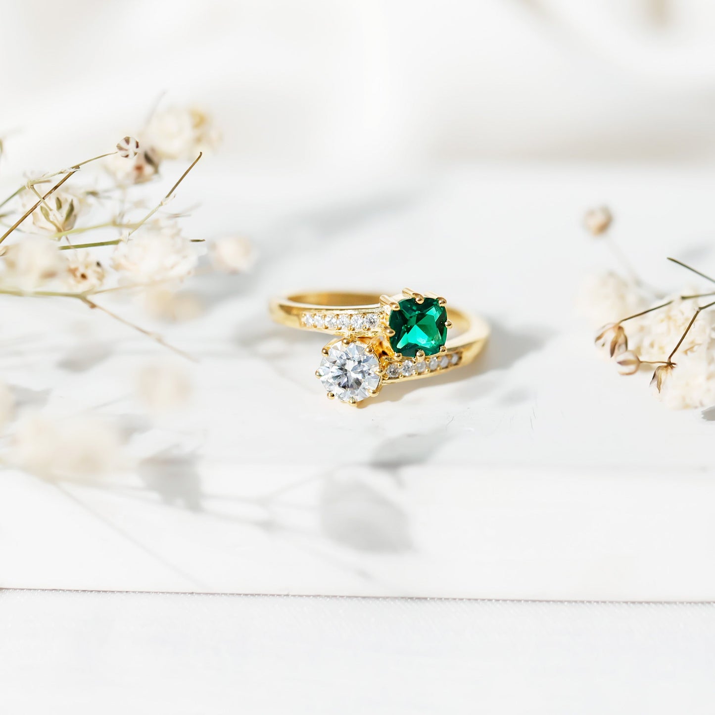 Lab Created Emerald and Moissanite Two Stone Engagement Ring in Silver