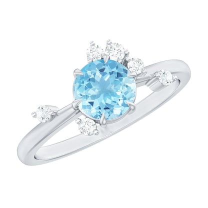 Genuine 0.8 Aquamarine Pre Engagement Ring with Scatter Diamonds
