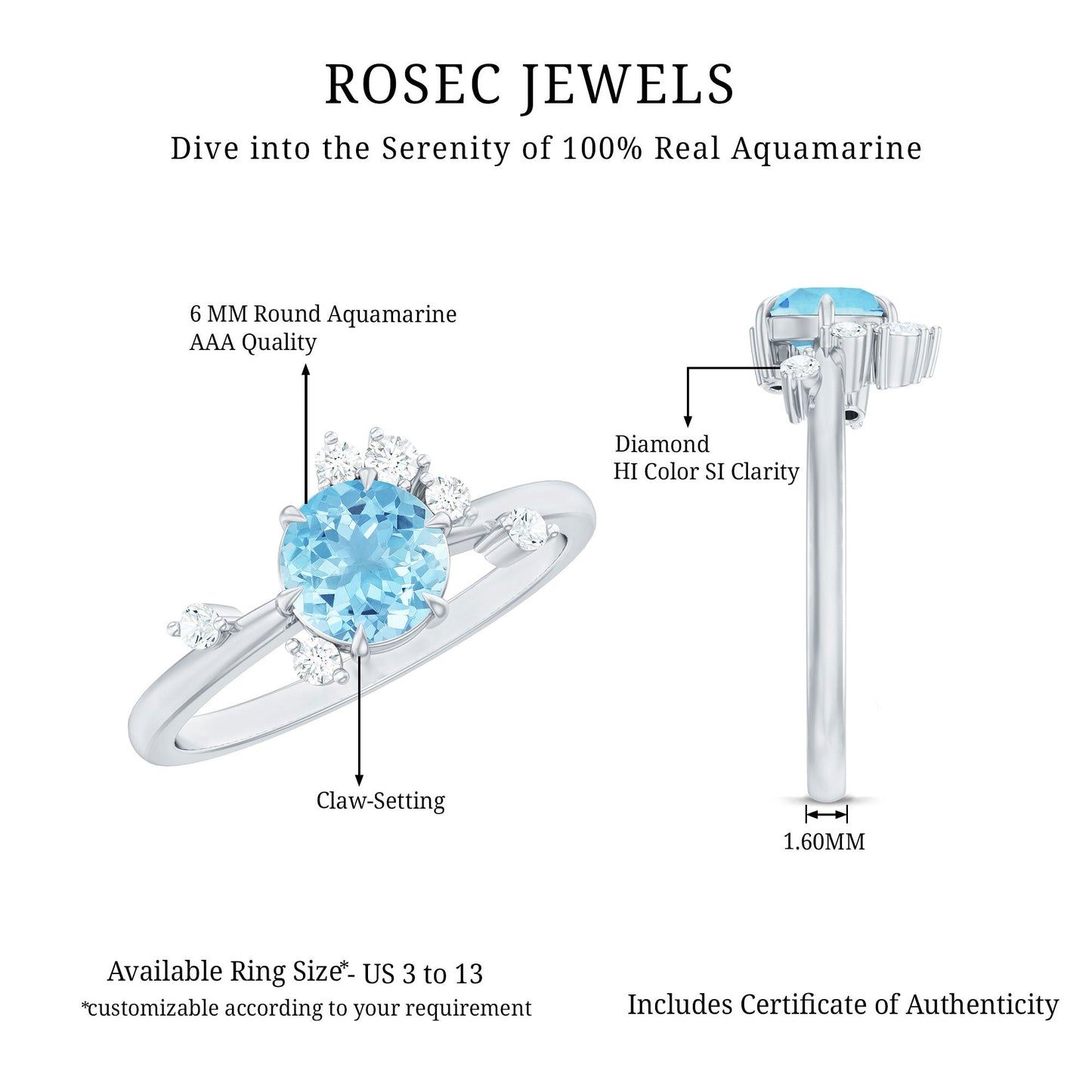 Genuine 0.8 Aquamarine Pre Engagement Ring with Scatter Diamonds