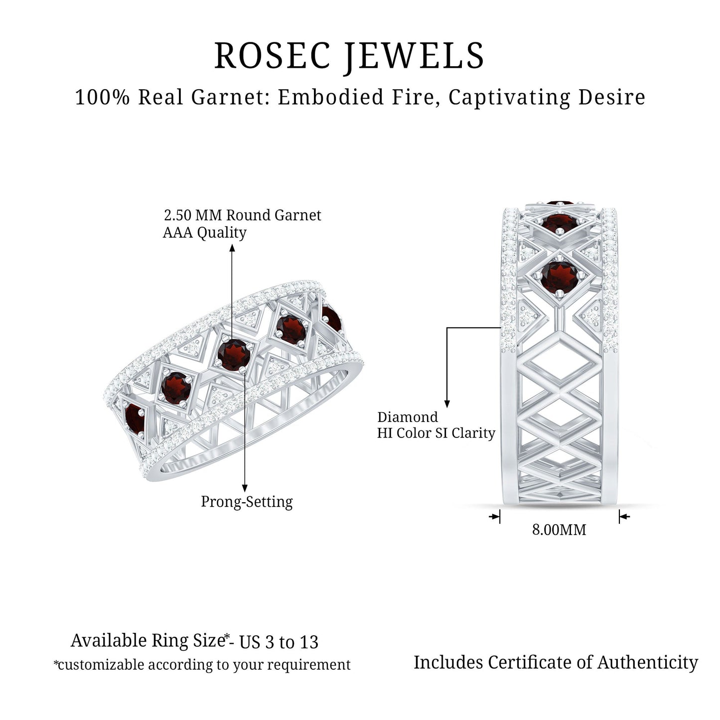 Art Deco Garnet Diamond Thick Wedding Band with Certificate