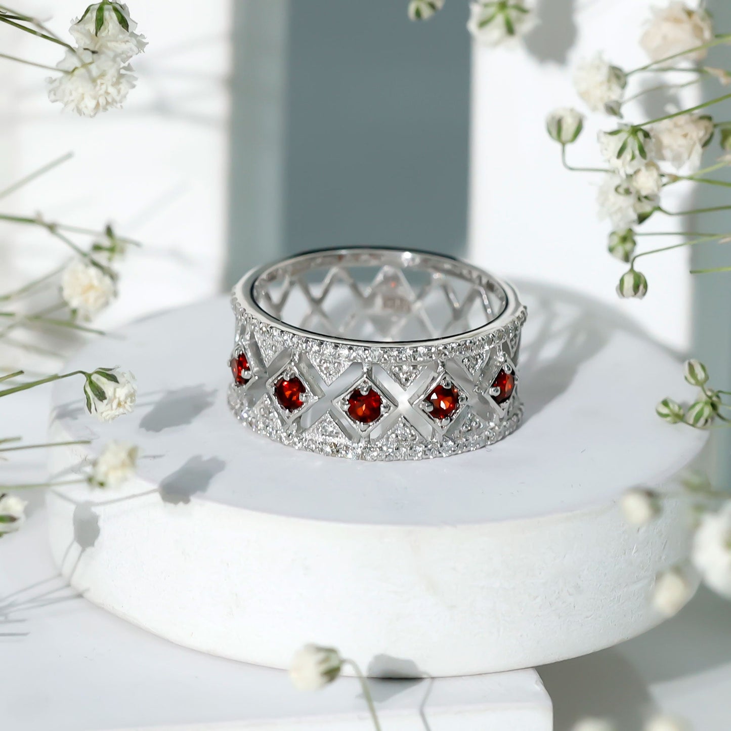 Art Deco Garnet Diamond Thick Wedding Band with Certificate