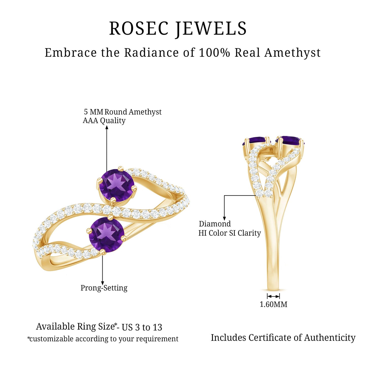 Real Amethyst Toi Et Moi Engagement Ring with Diamond