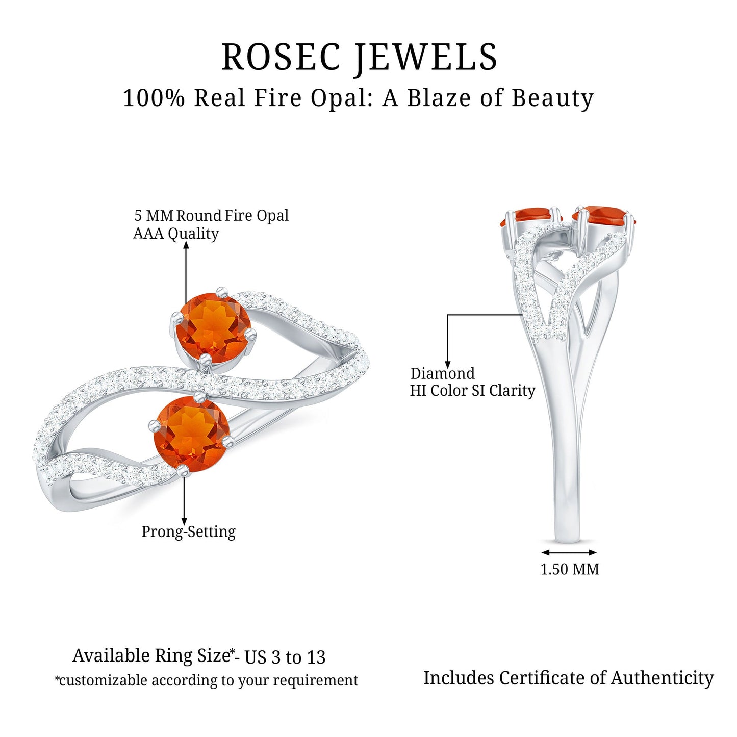 Fire Opal and Diamond Two Stone Cocktail Engagement Ring