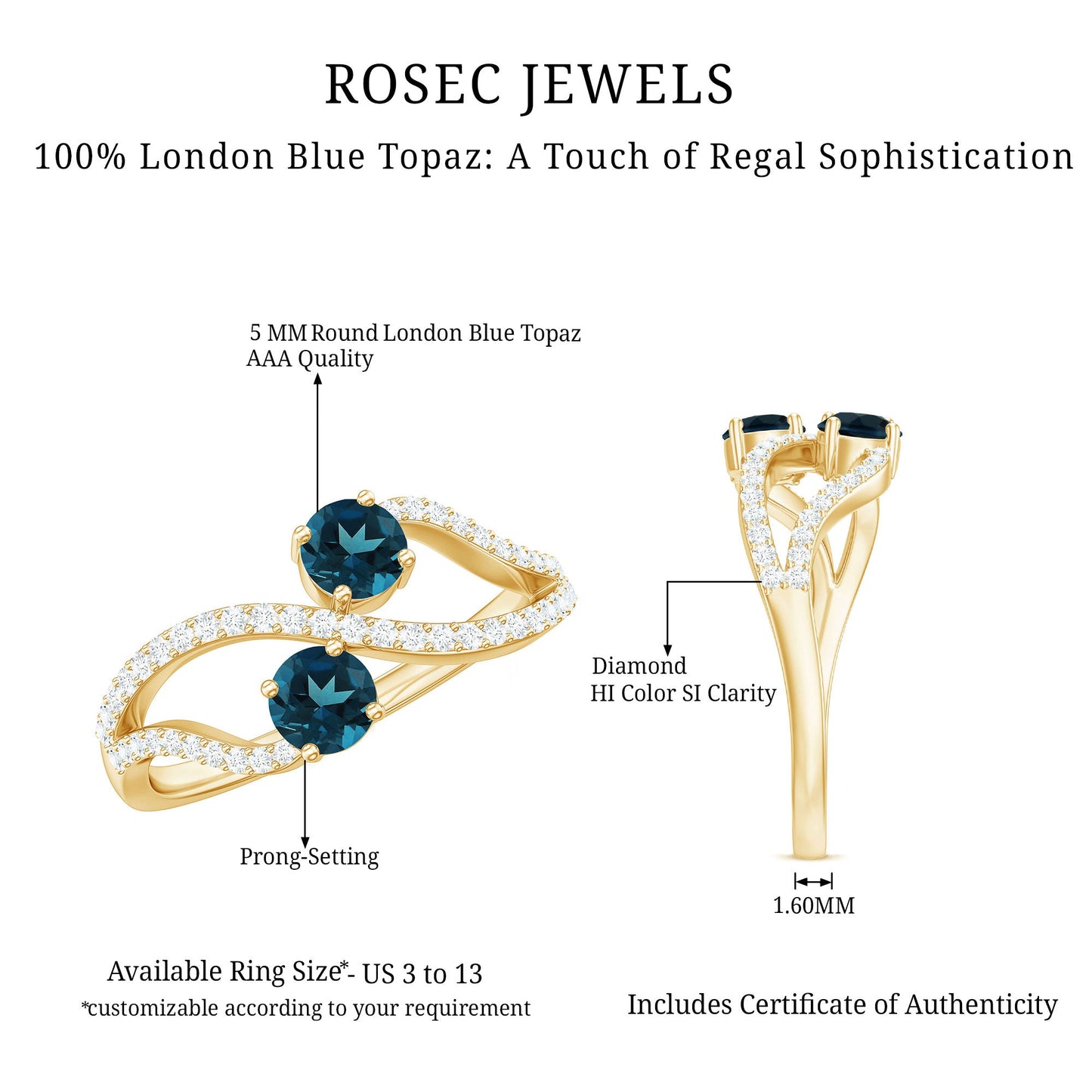 Natural London Blue Topaz 2 Stone Promise Ring with Diamond