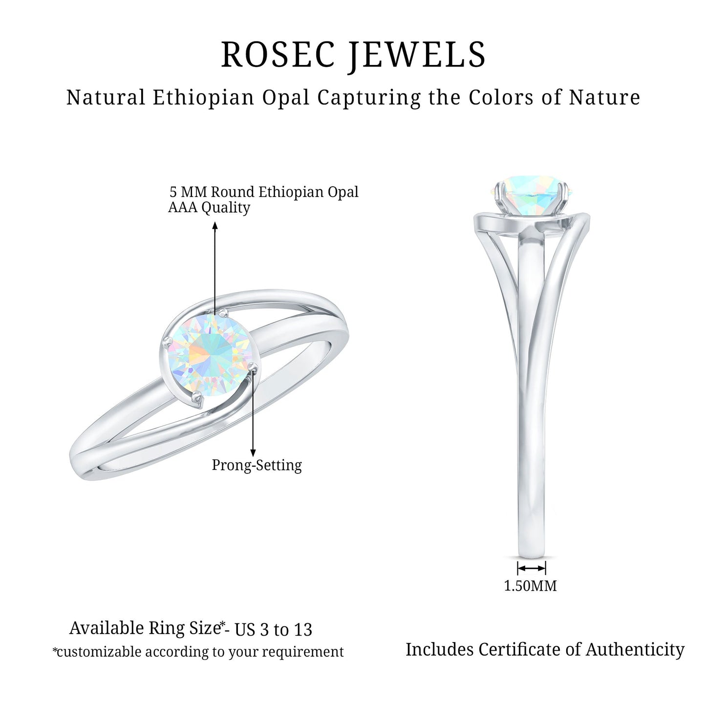 Natural Ethiopian Opal Solitaire Ring with Bypass Shank