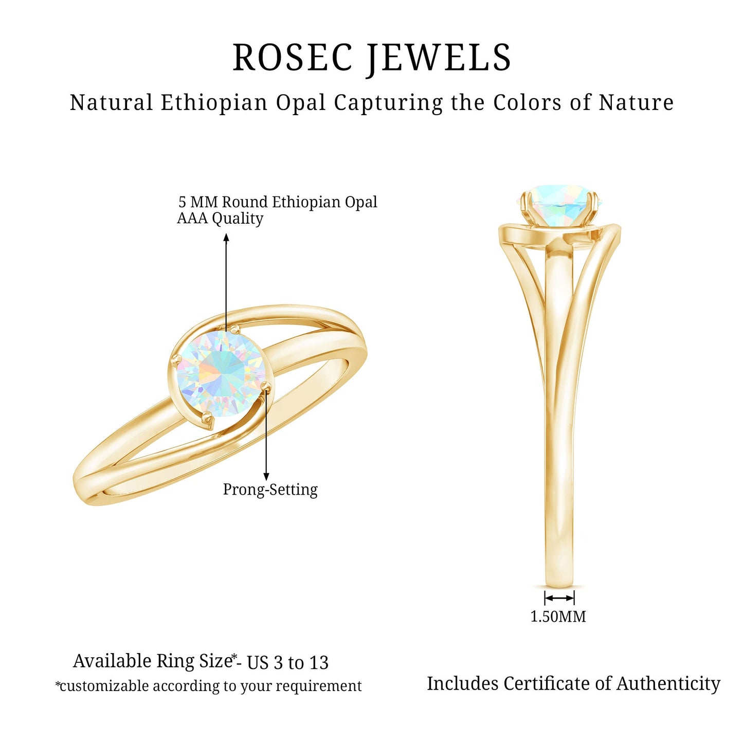 Natural Ethiopian Opal Solitaire Ring with Bypass Shank