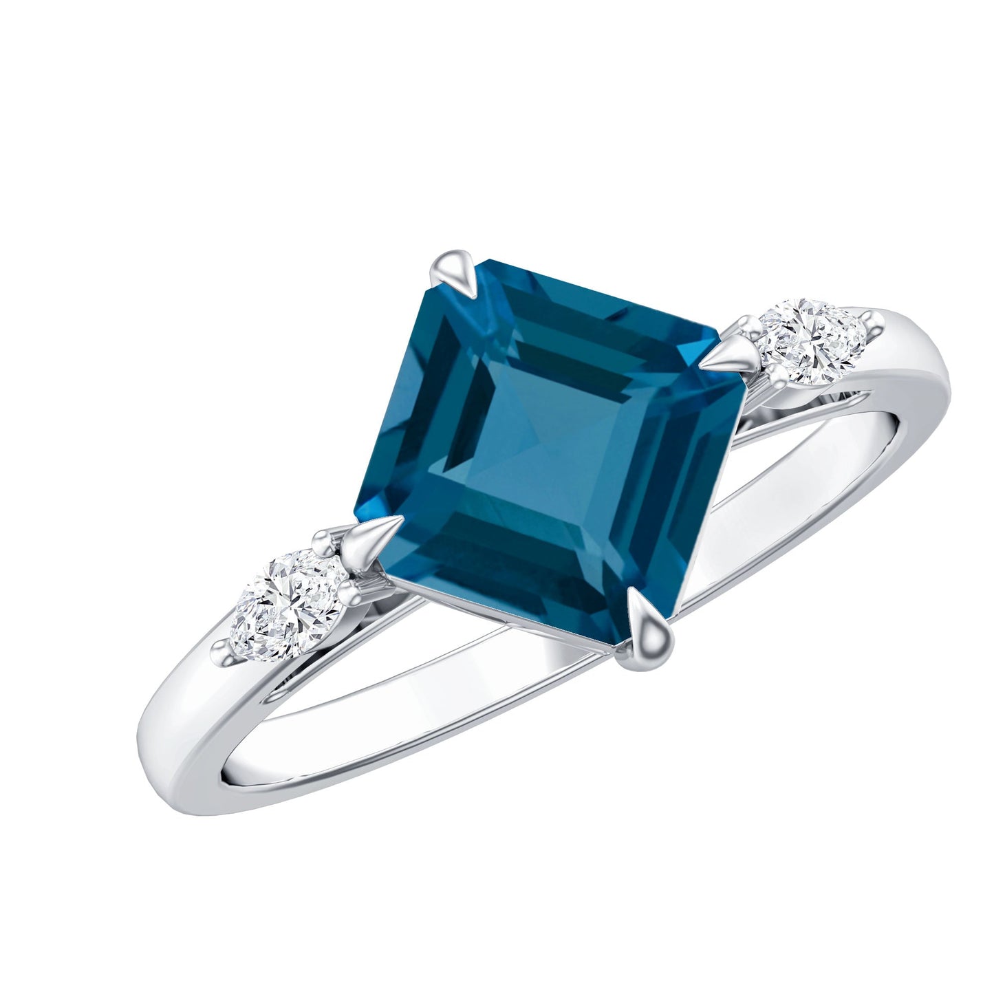3 Carat Asscher Cut London Blue Topaz Diagonal Solitaire Ring with Marquise Diamond