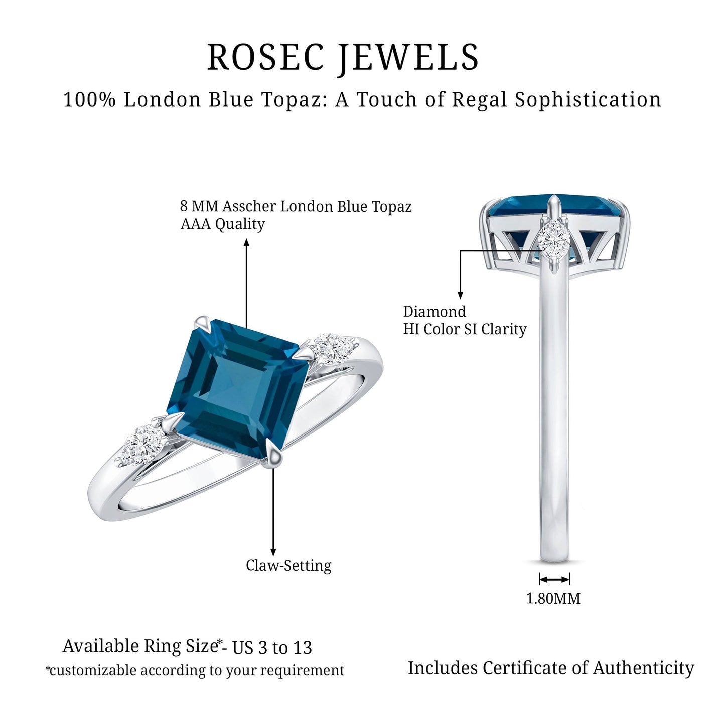 3 Carat Asscher Cut London Blue Topaz Diagonal Solitaire Ring with Marquise Diamond
