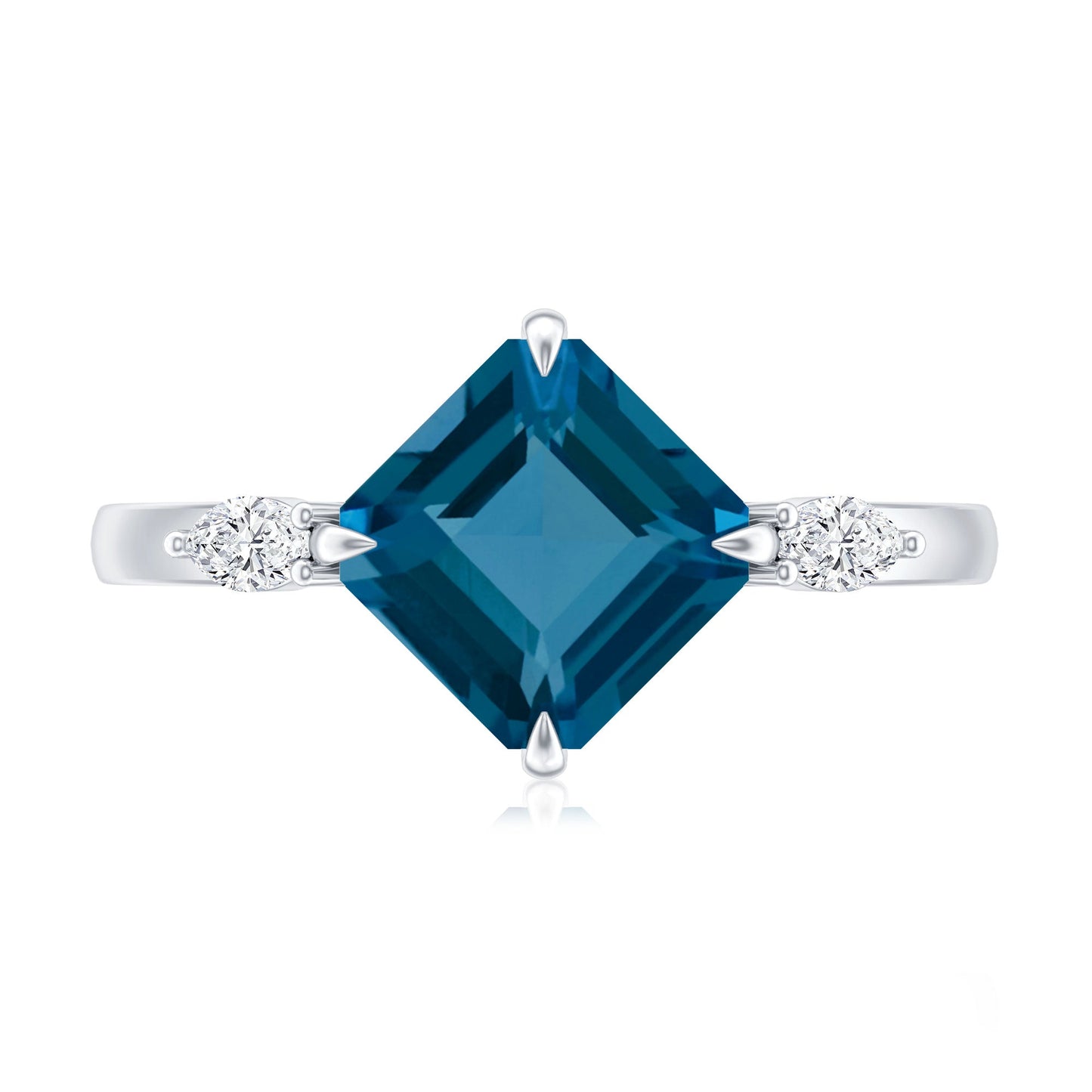 3 Carat Asscher Cut London Blue Topaz Diagonal Solitaire Ring with Marquise Diamond