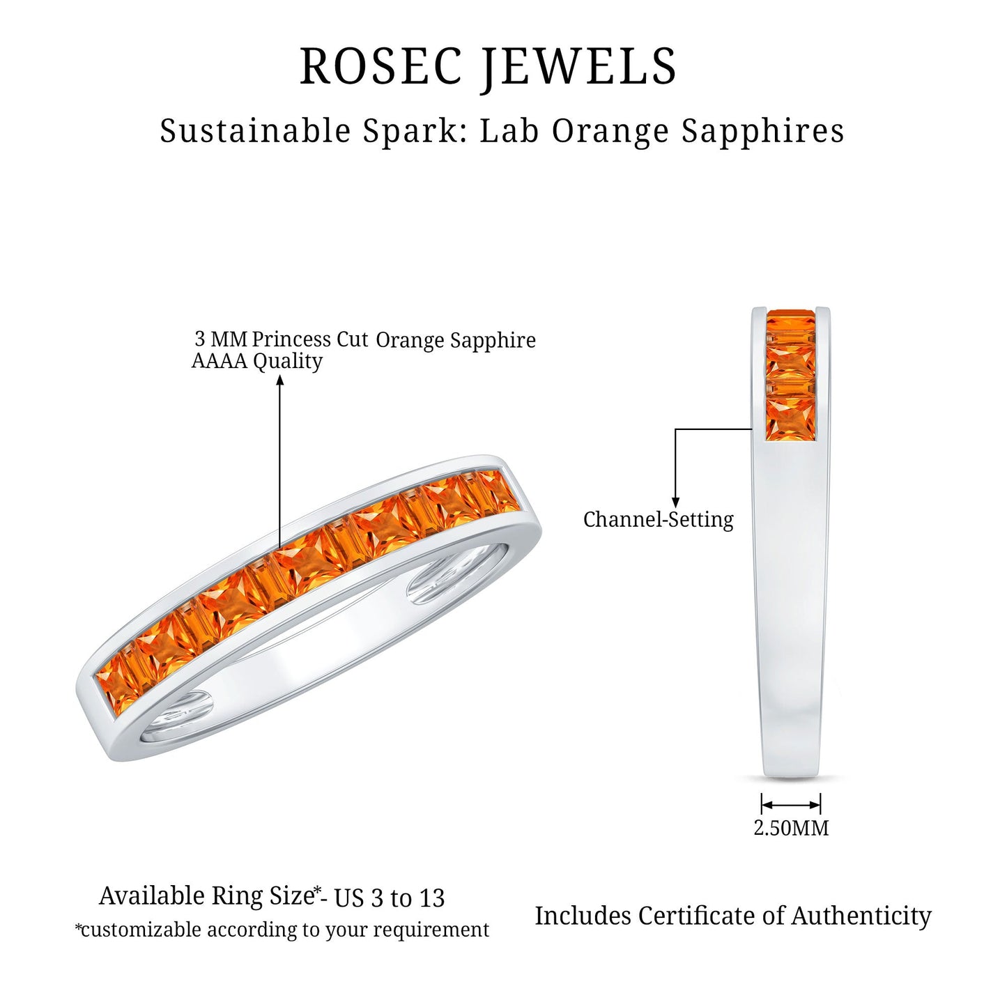 Princess Cut Lab Grown Orange Sapphire Half Eternity Band in Channel Set