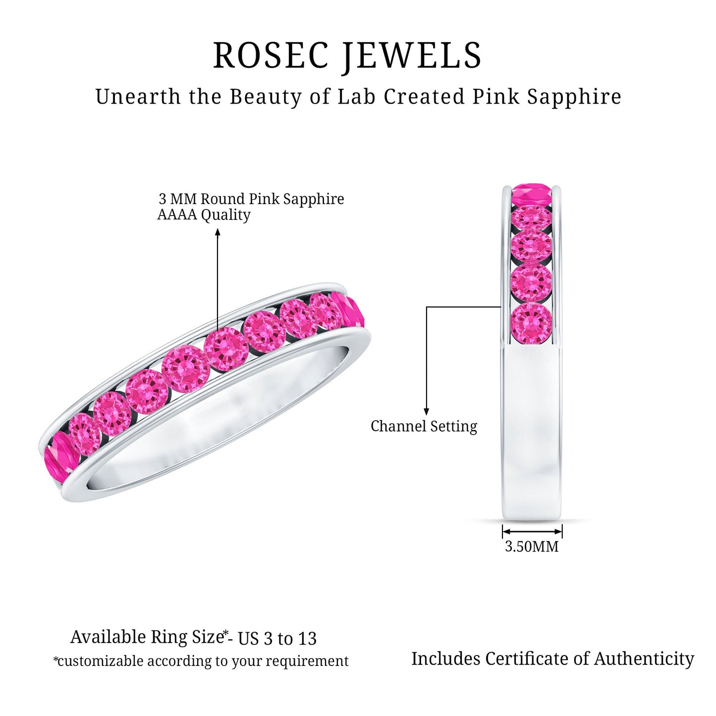 Round Lab Created Pink Sapphire Half Eternity Band in Channel Setting