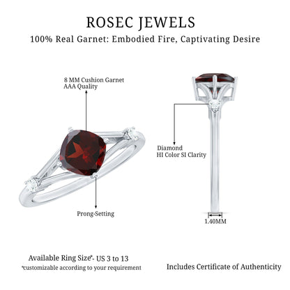 3.2 Carat Genuine Garnet Diamond Cushion Cut Engagement Ring with Split Shank